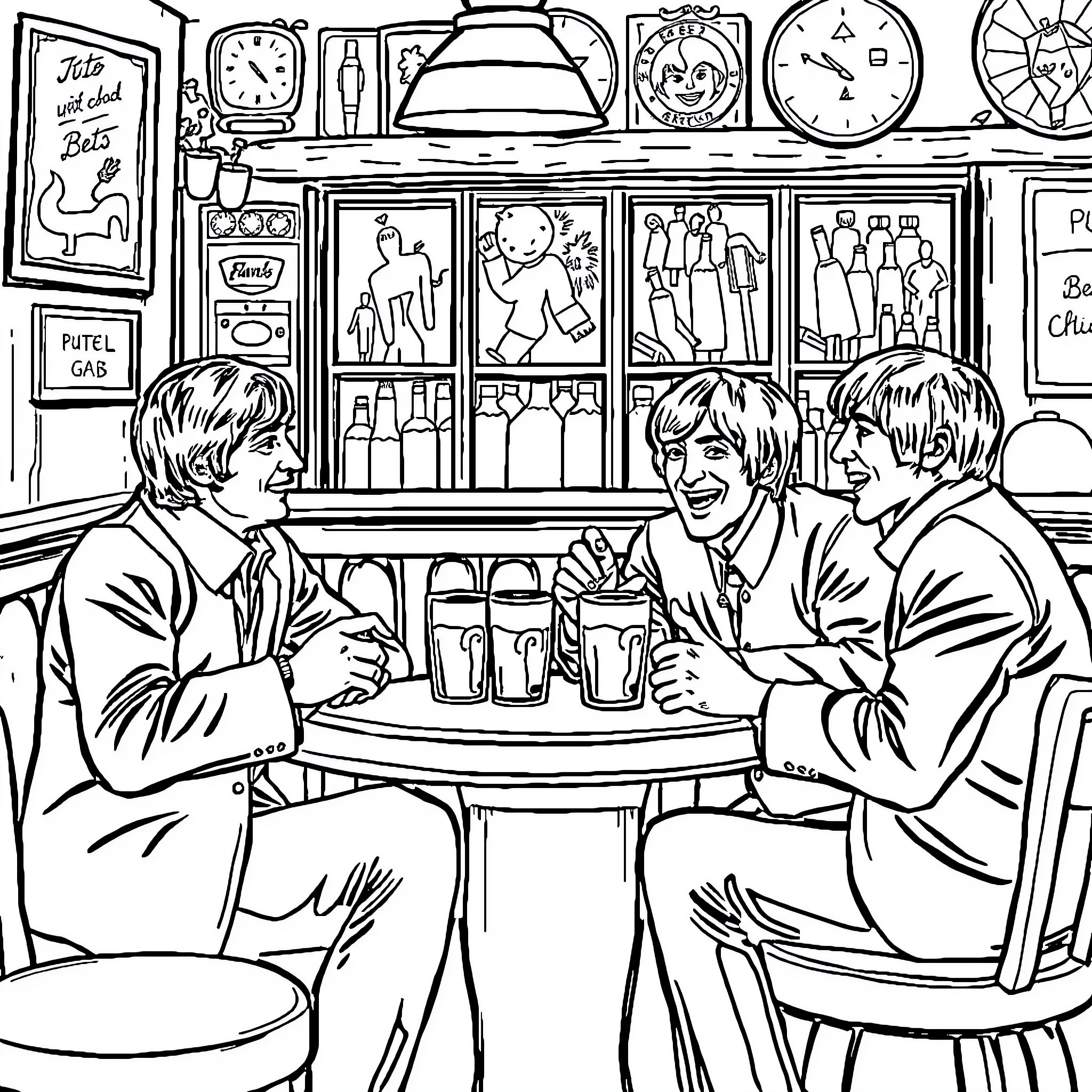 Beatles Enjoying Drinks in a Cozy Cafe Coloring Page (free black-and-white line drawing printable PDF for all, from beginners to advanced learners, including children, teens, adults, and seniors)