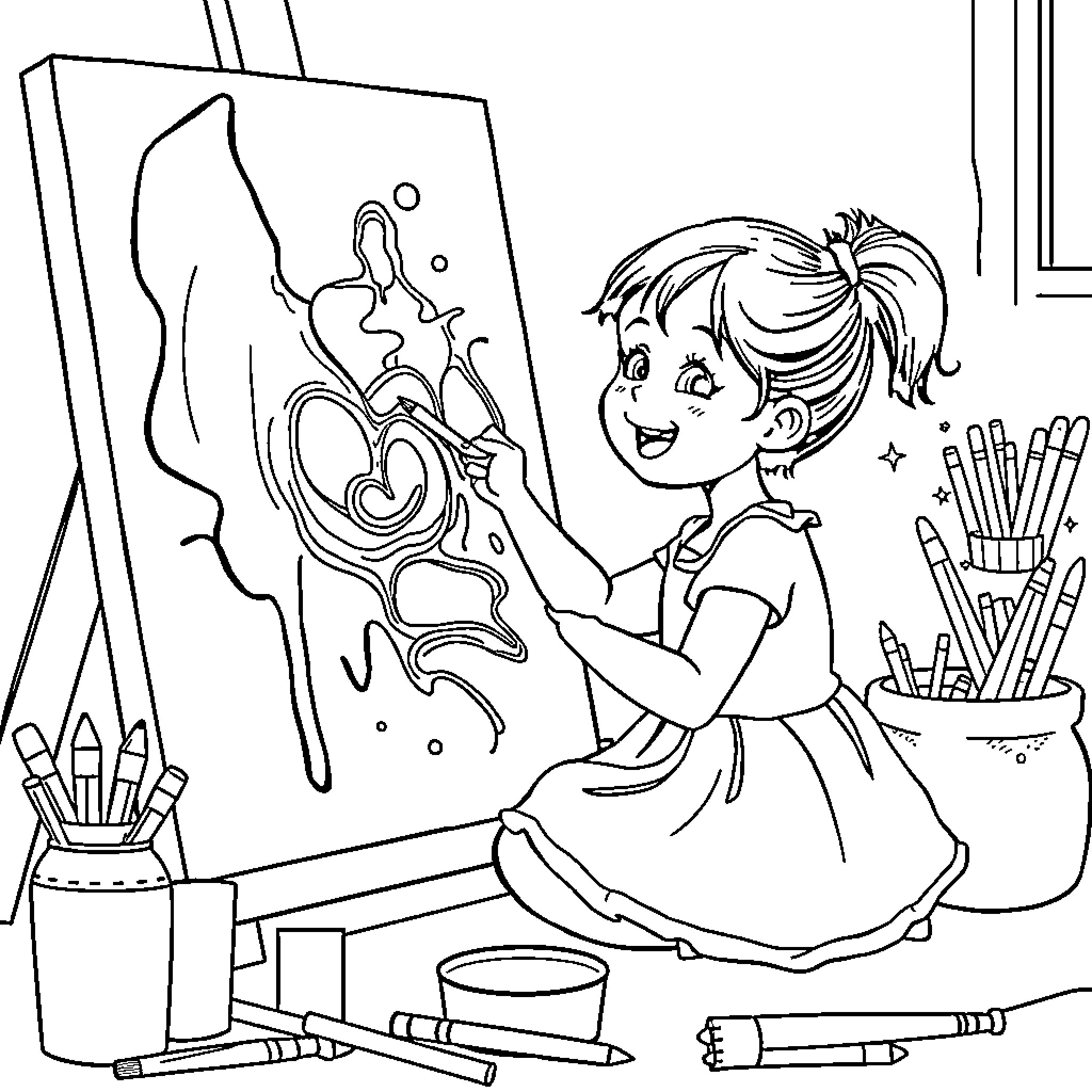 Girl happily painting on canvas in art studio Coloring Page (free black-and-white line drawing printable PDF for all, from beginners to advanced learners, including children, teens, adults, and seniors)