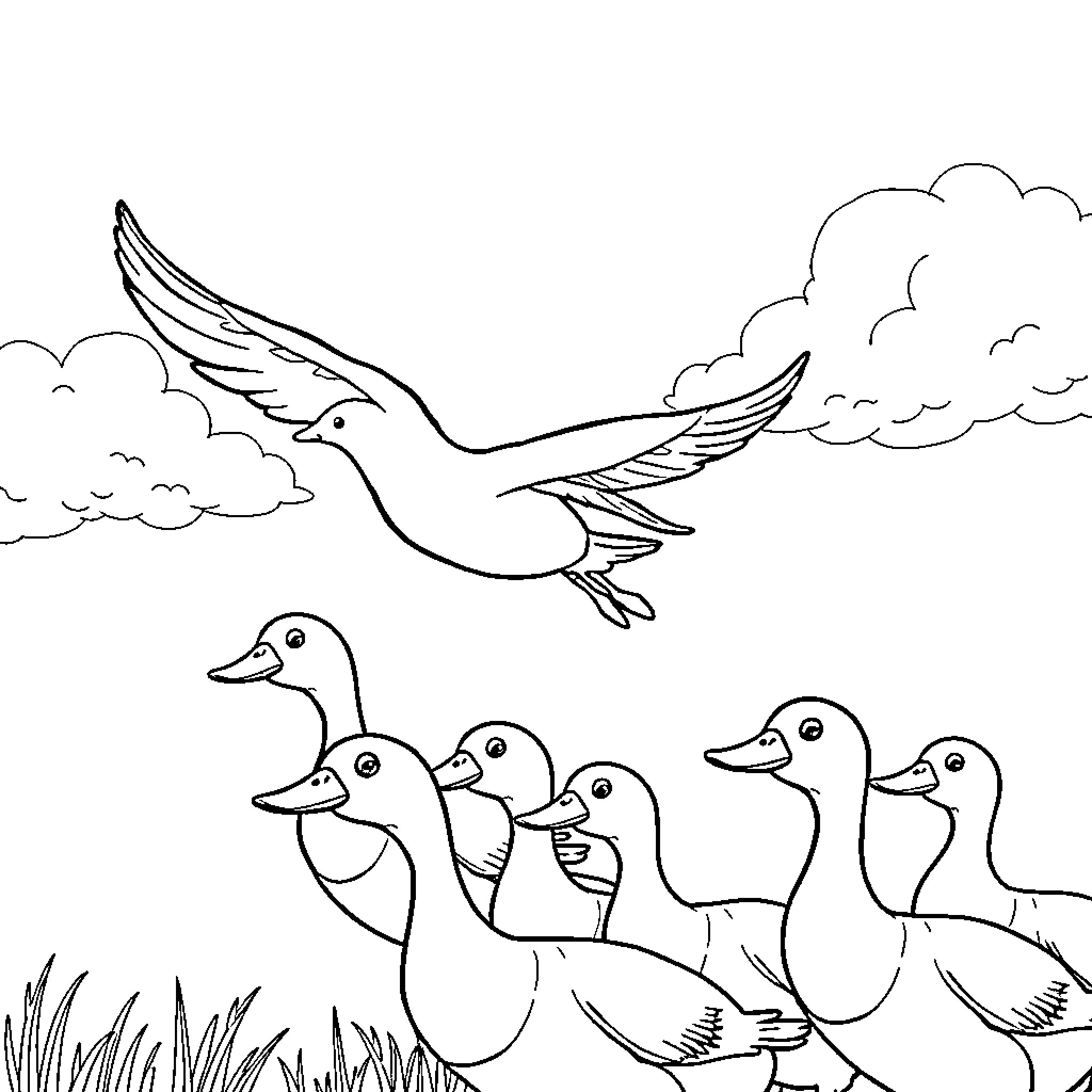 Tchoupi and the Ducklings in the Clouds Coloring Page (free black-and-white line drawing printable PDF for all, from beginners to advanced learners, including children, teens, adults, and seniors)