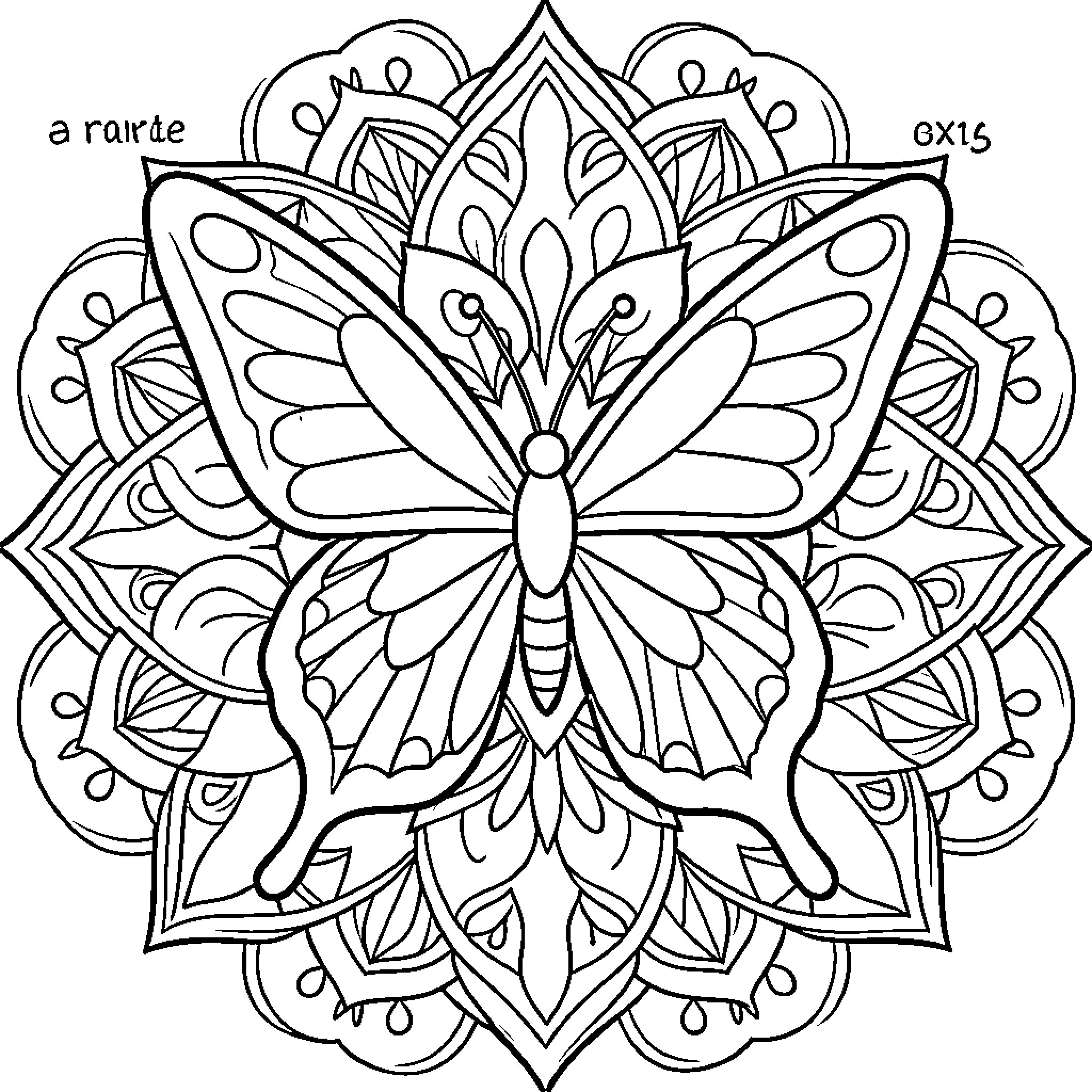 Butterfly resting atop a symmetrical floral mandala pattern Coloring Page (free black-and-white line drawing printable PDF for all, from beginners to advanced learners, including children, teens, adults, and seniors)