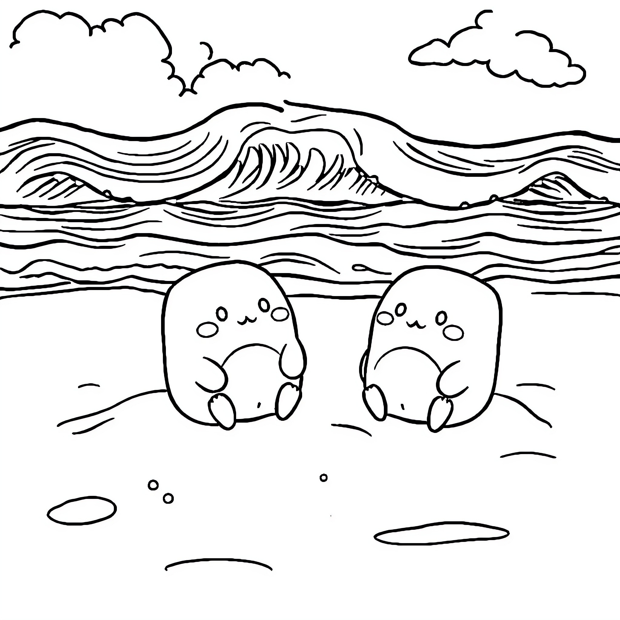 Squishmallow friends enjoy a day at the beach Coloring Page (free black-and-white line drawing printable PDF for all, from beginners to advanced learners, including children, teens, adults, and seniors)