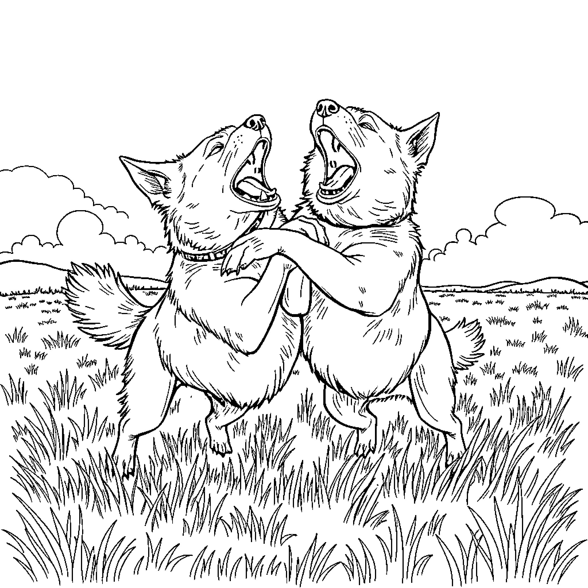 Dogs playing and growling in grassy field Coloring Page (free black-and-white line drawing printable PDF for all, from beginners to advanced learners, including children, teens, adults, and seniors)
