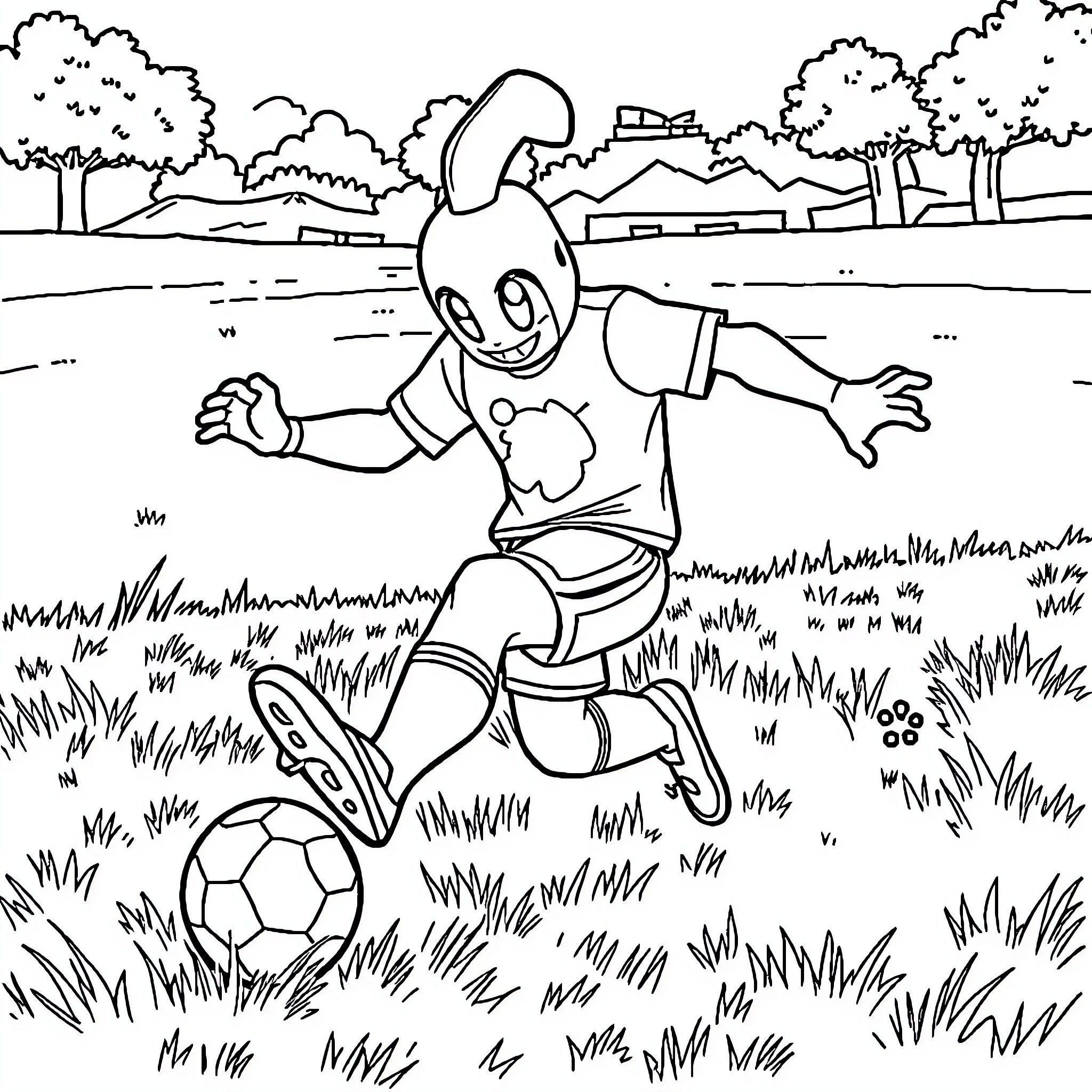 Peely kicking a soccer ball in the park Coloring Page (free black-and-white line drawing printable PDF for all, from beginners to advanced learners, including children, teens, adults, and seniors)