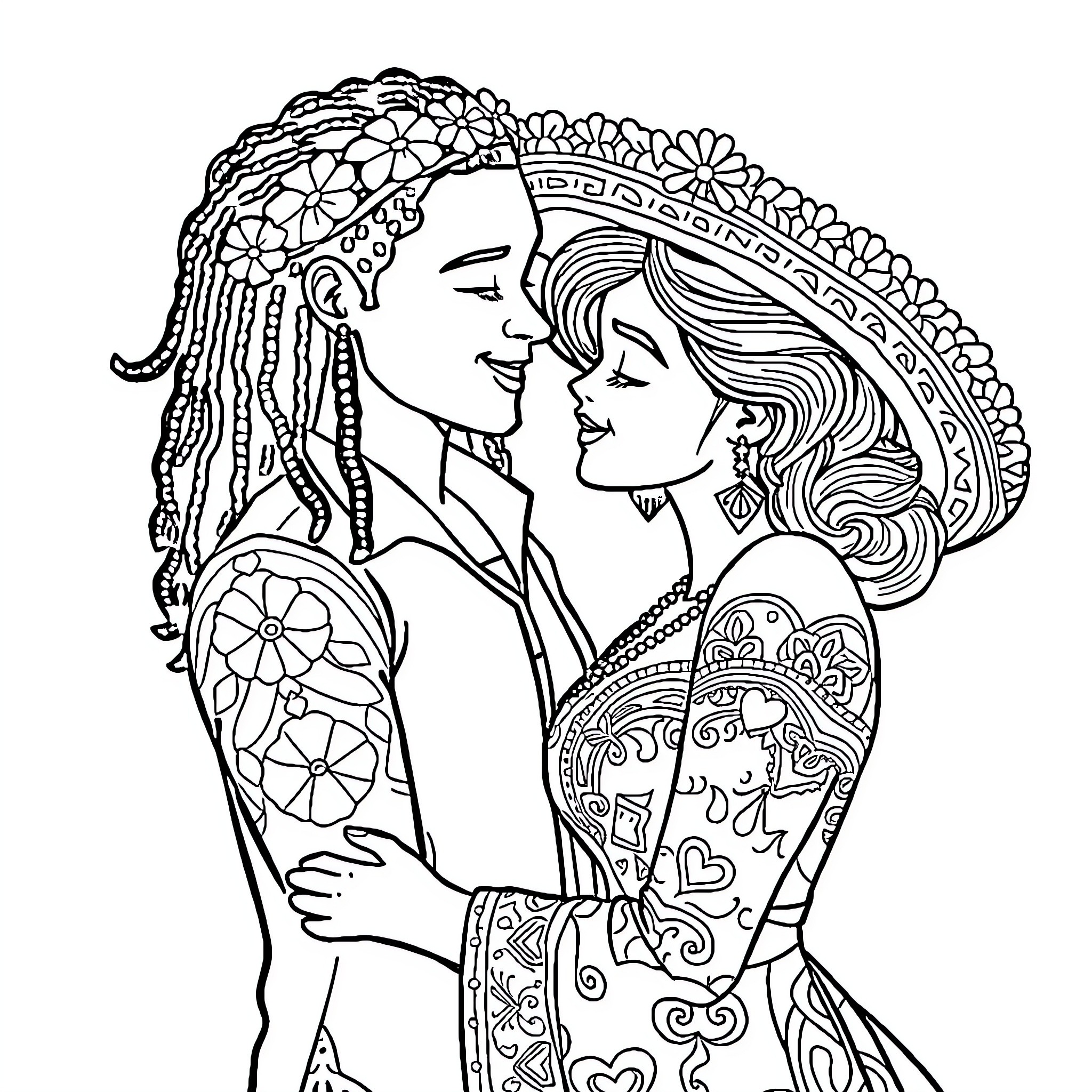 Love's Embrace: A Whimsical Affection Coloring Page (free black-and-white line drawing printable PDF for all, from beginners to advanced learners, including children, teens, adults, and seniors)