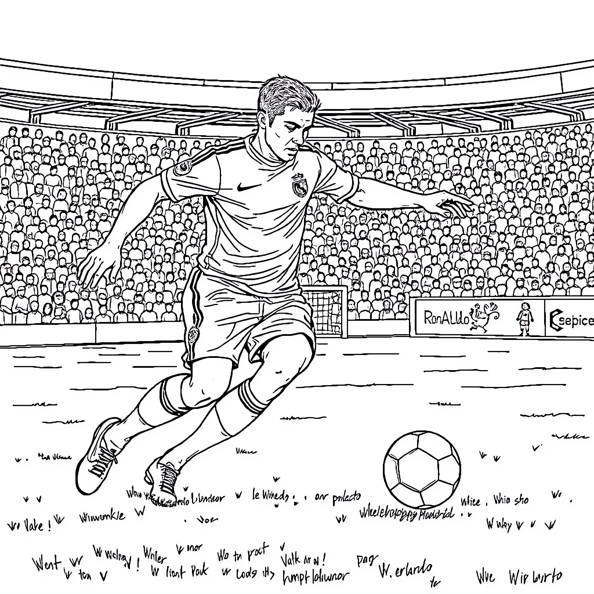 Ronaldo performing skillful maneuvers on the soccer field Coloring Page (free black-and-white line drawing printable PDF for all, from beginners to advanced learners, including children, teens, adults, and seniors)
