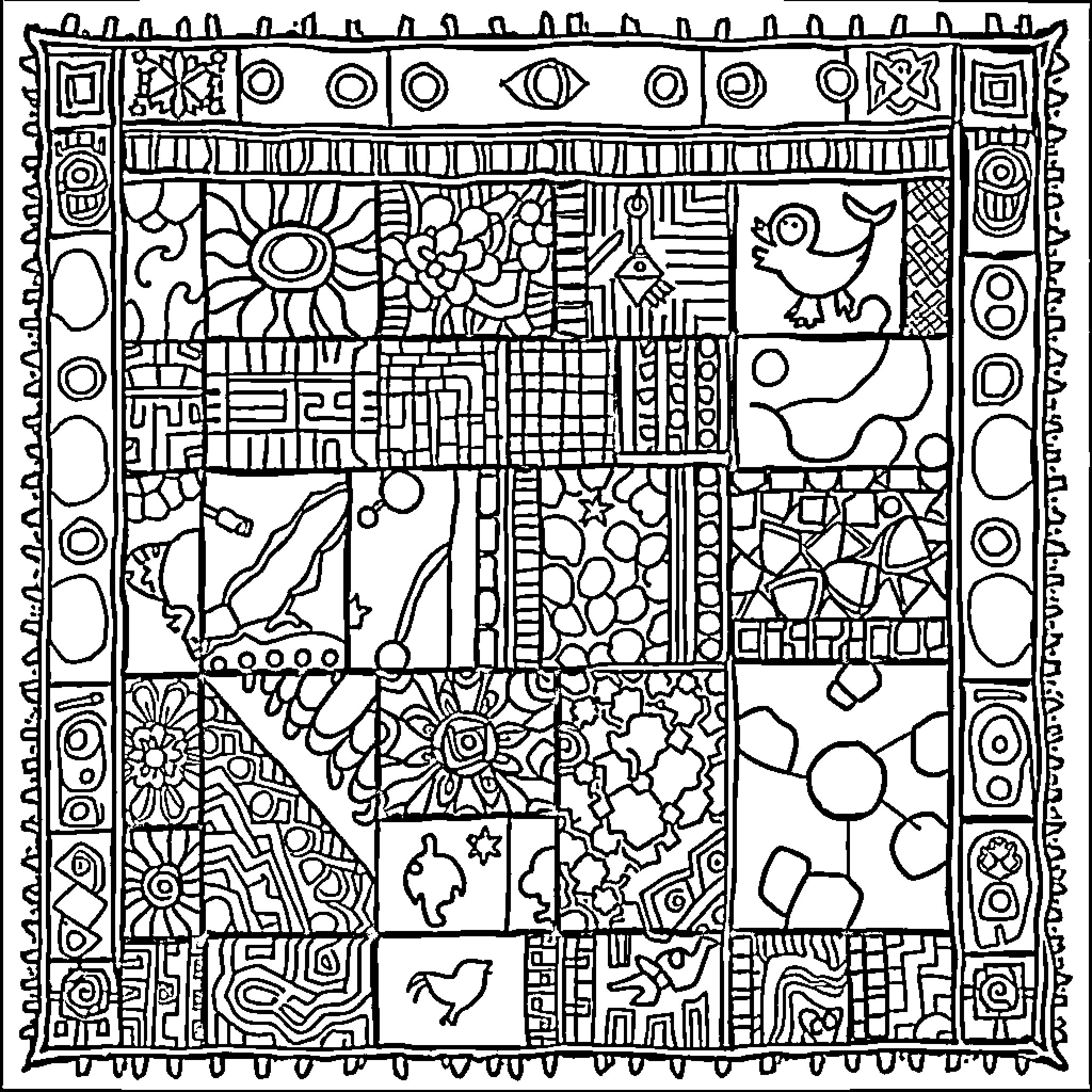 Quilt of Intricate Designs and Patterns Coloring Page (free black-and-white line drawing printable PDF for all, from beginners to advanced learners, including children, teens, adults, and seniors)