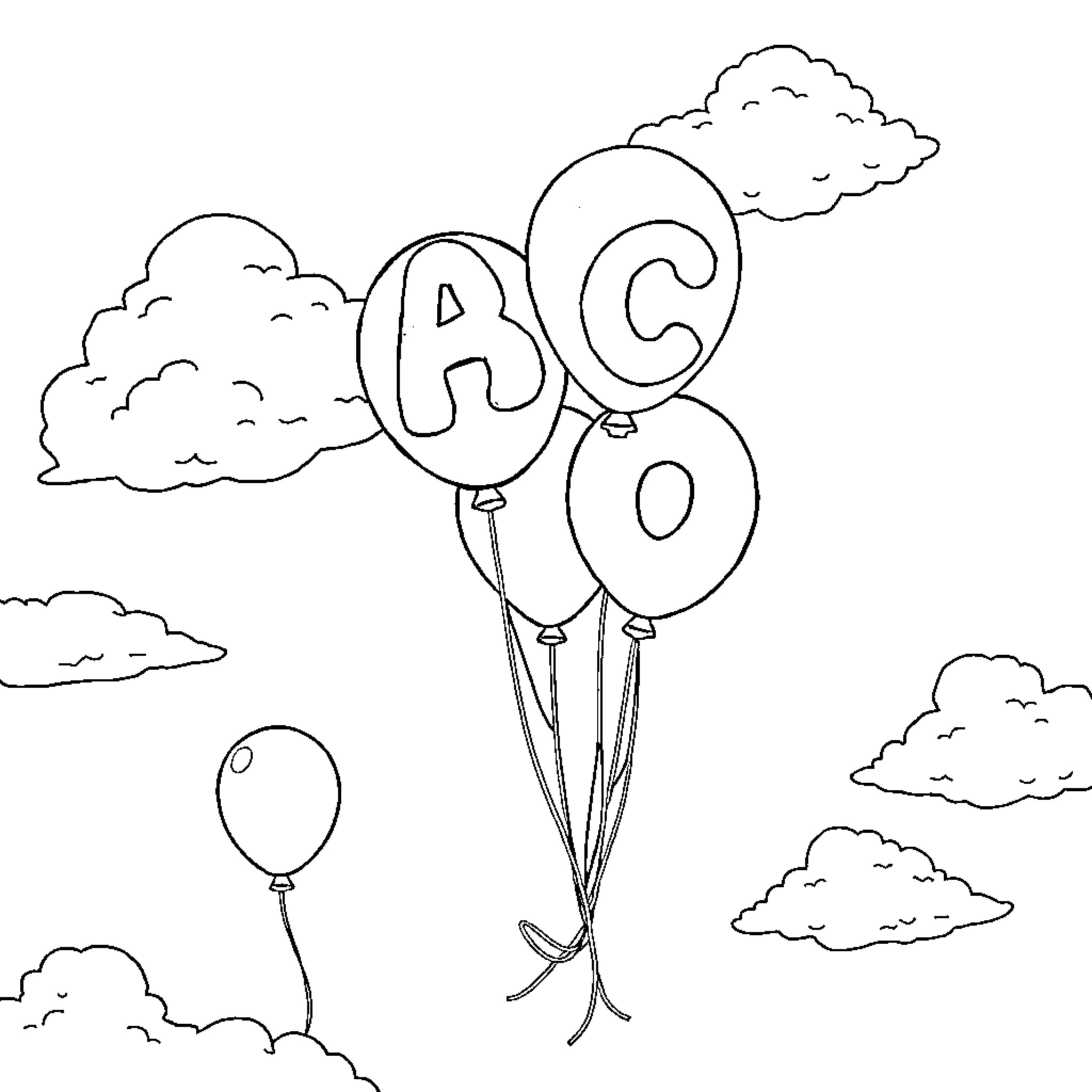 ABC Balloons floating in the cloudy sky Coloring Page (free black-and-white line drawing printable PDF for all, from beginners to advanced learners, including children, teens, adults, and seniors)