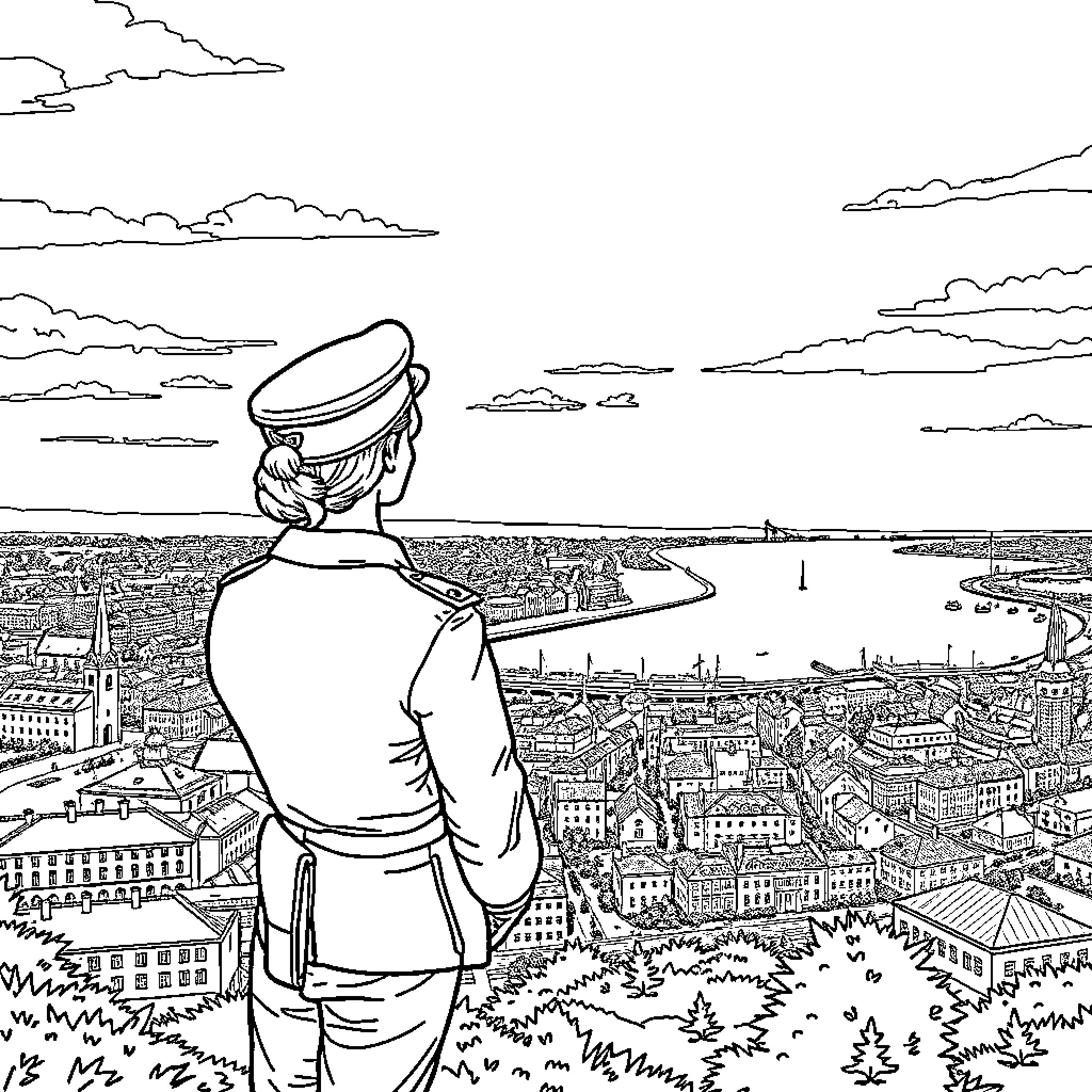 Officer overlooking cityscape from elevated vantage point Coloring Page (free black-and-white line drawing printable PDF for all, from beginners to advanced learners, including children, teens, adults, and seniors)