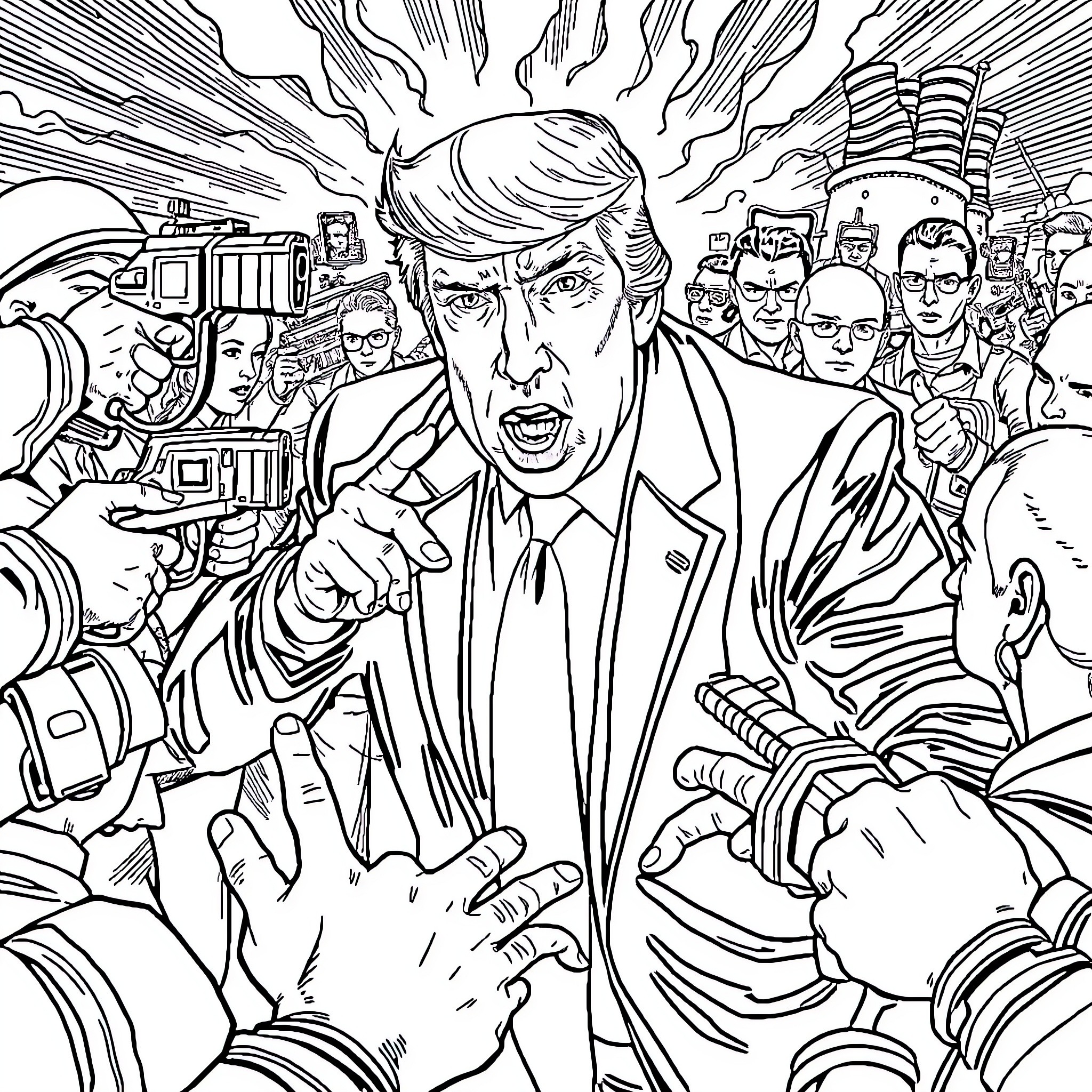 Donald Trump Facing the Chaos of Media and Political Pressures Coloring Page (free black-and-white line drawing printable PDF for all, from beginners to advanced learners, including children, teens, adults, and seniors)