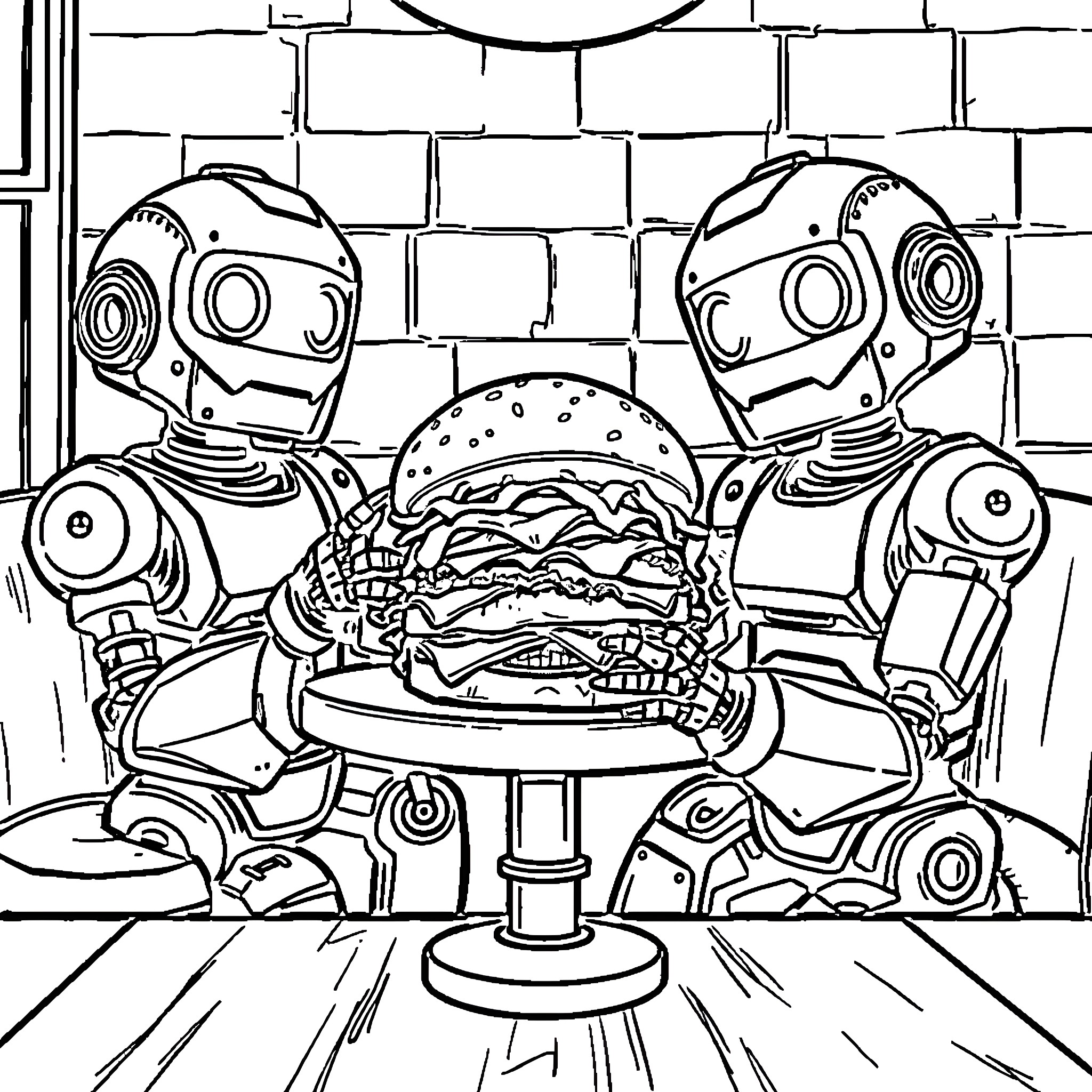 Robot Chefs Prepare Delicious Meal Together Coloring Page (free black-and-white line drawing printable PDF for all, from beginners to advanced learners, including children, teens, adults, and seniors)