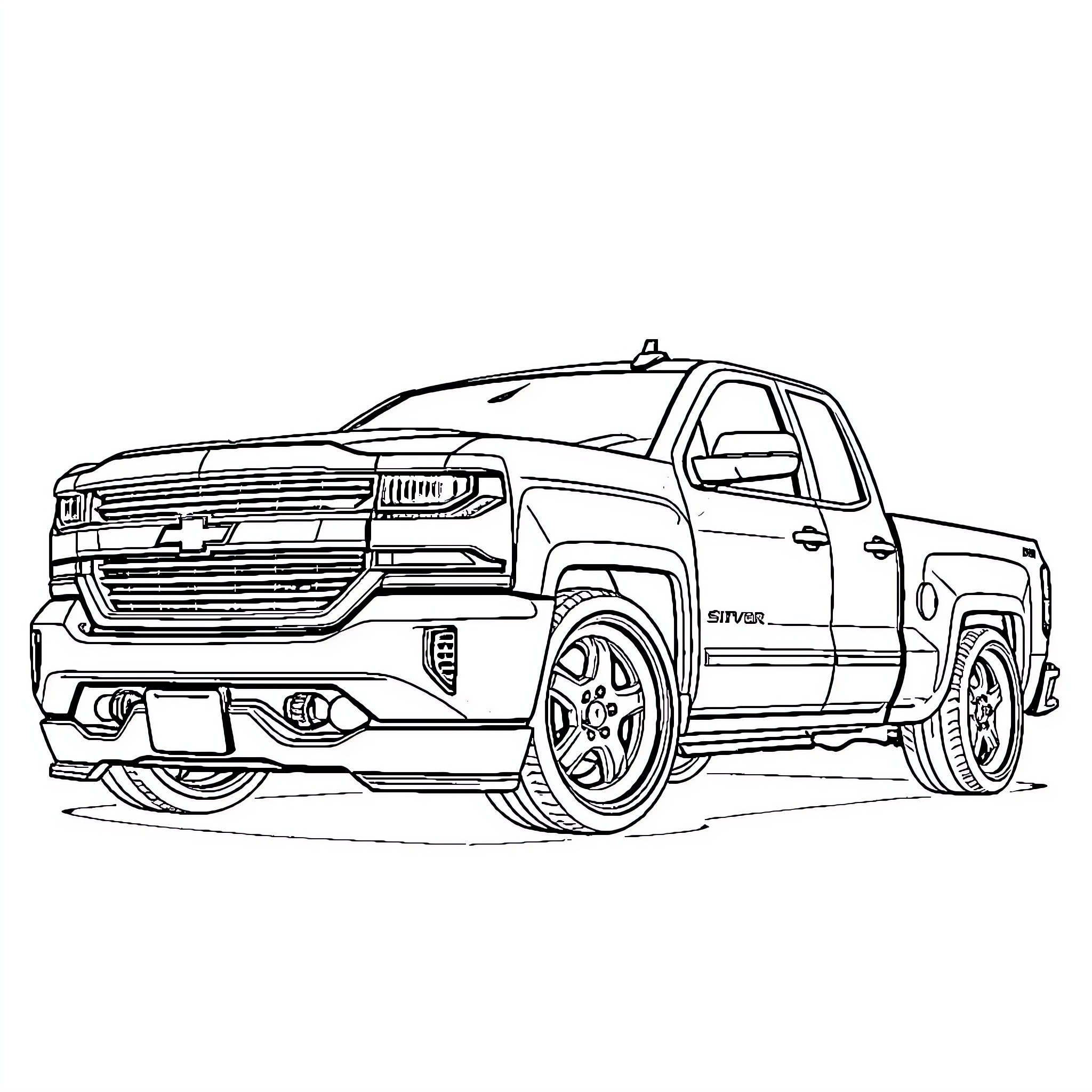 Silverado Pickup Truck in Sleek Design Coloring Page (free black-and-white line drawing printable PDF for all, from beginners to advanced learners, including children, teens, adults, and seniors)