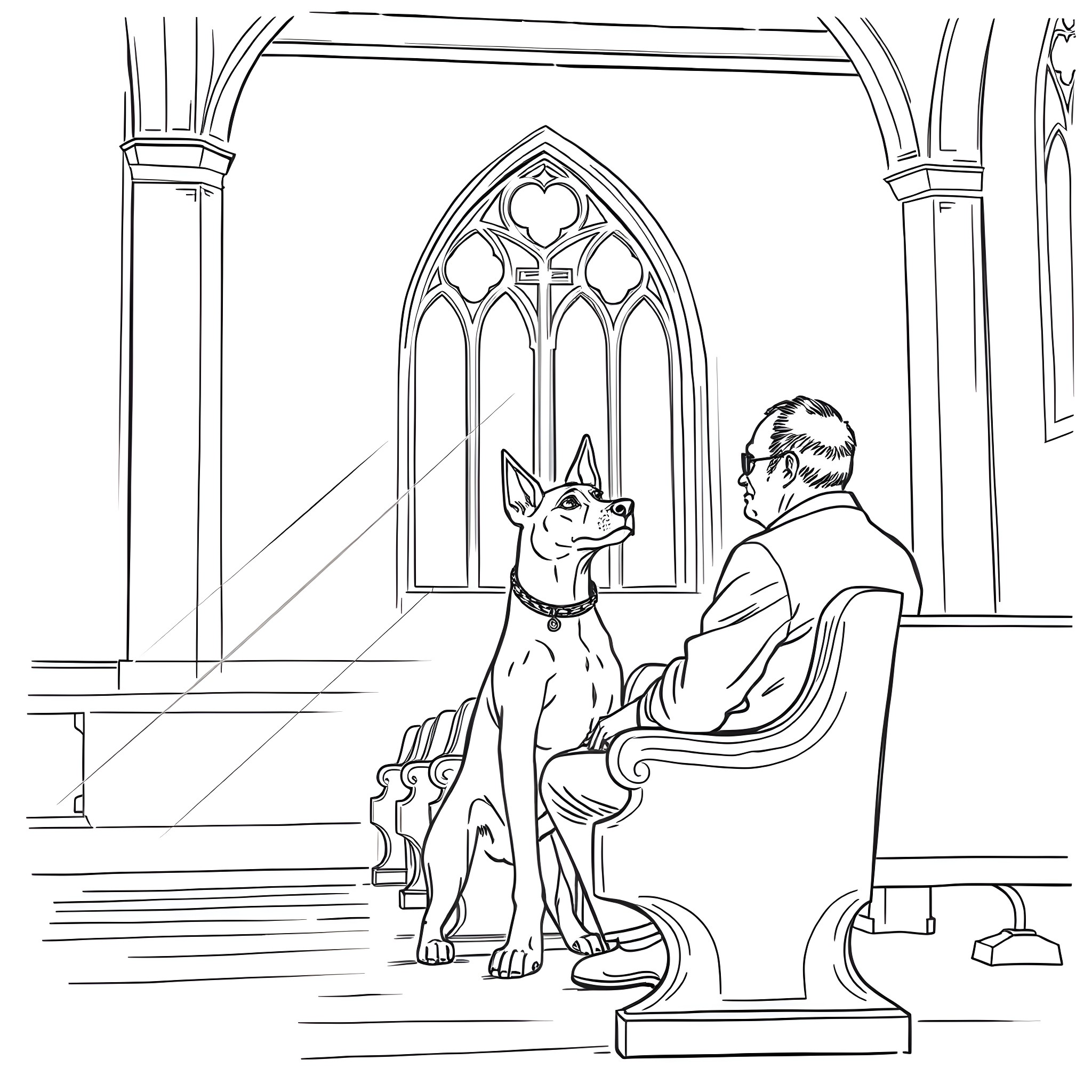 Dog accompanying a person in a church Coloring Page (free black-and-white line drawing printable PDF for all, from beginners to advanced learners, including children, teens, adults, and seniors)
