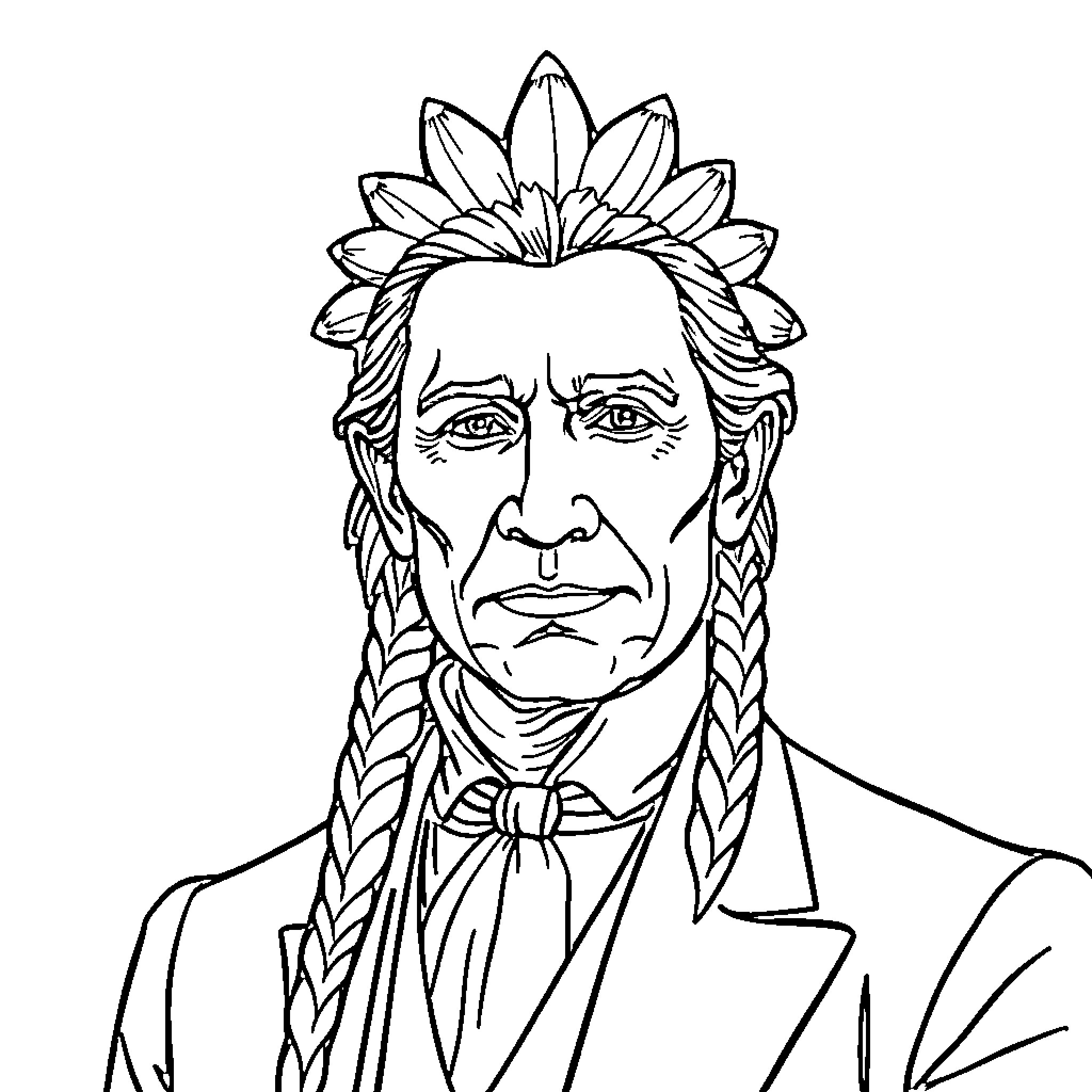 President in Traditional Native American Headdress Coloring Page (free black-and-white line drawing printable PDF for all, from beginners to advanced learners, including children, teens, adults, and seniors)