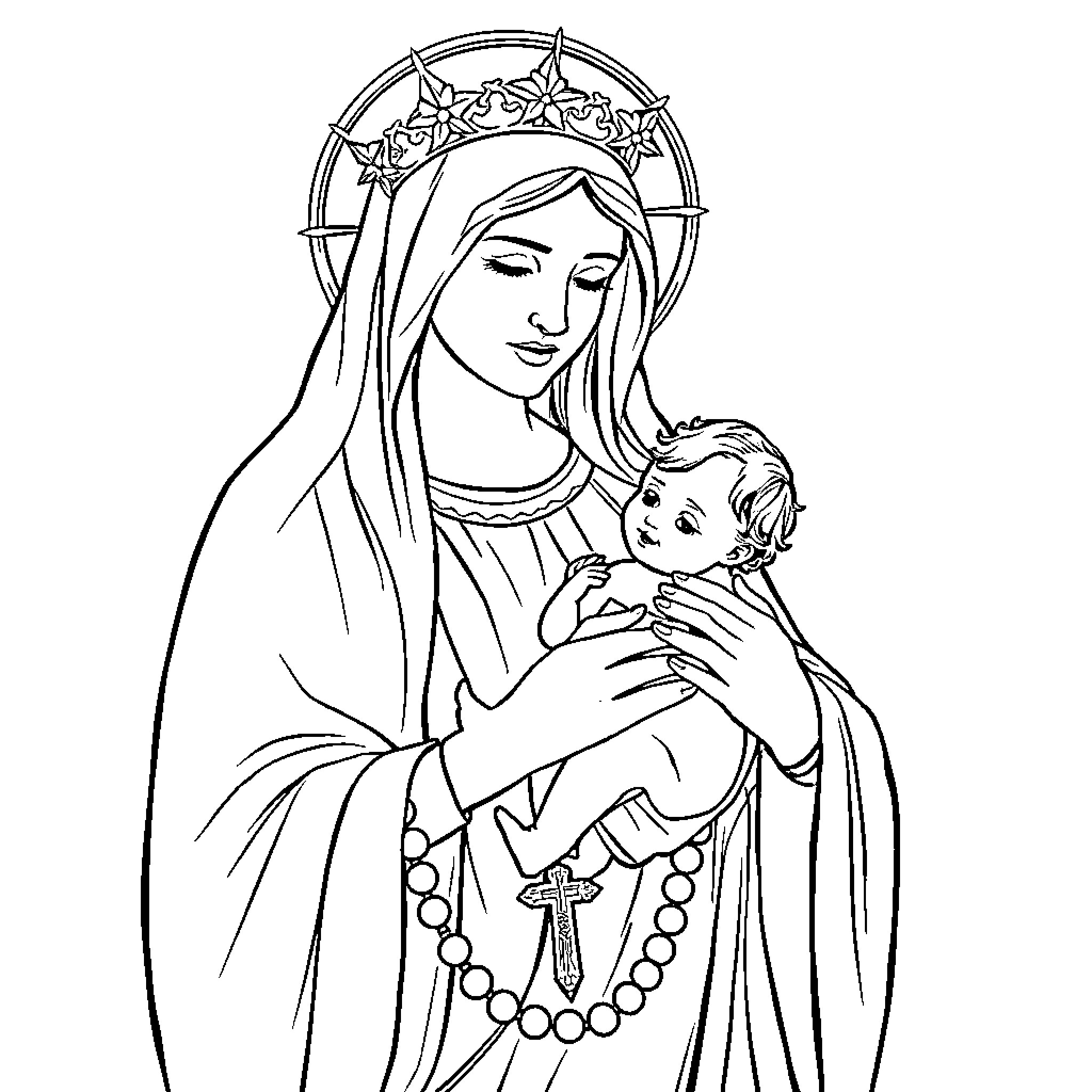Our Lady holding the child Jesus tenderly Coloring Page (free black-and-white line drawing printable PDF for all, from beginners to advanced learners, including children, teens, adults, and seniors)