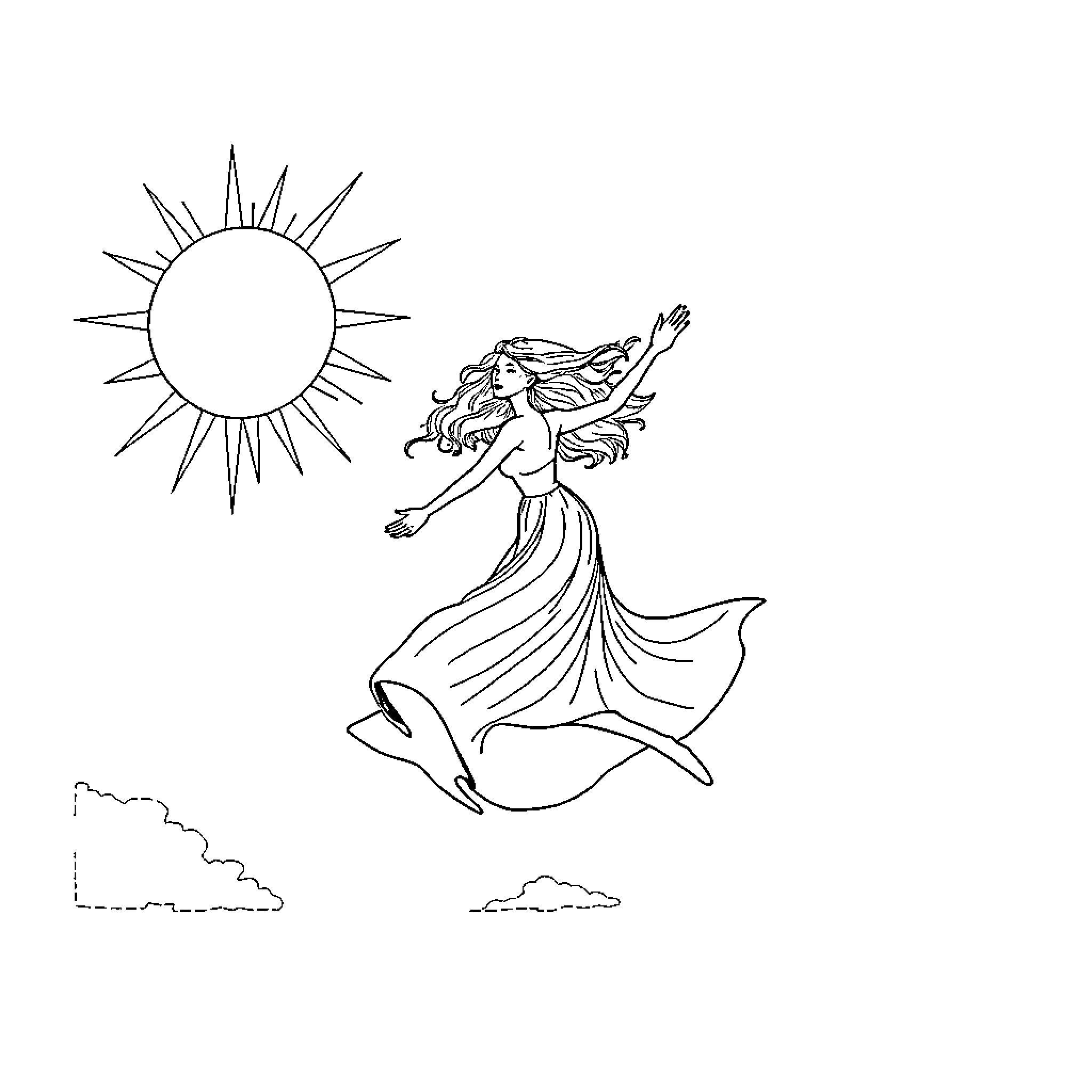 Lady dancing gracefully in the sunlight Coloring Page (free black-and-white line drawing printable PDF for all, from beginners to advanced learners, including children, teens, adults, and seniors)