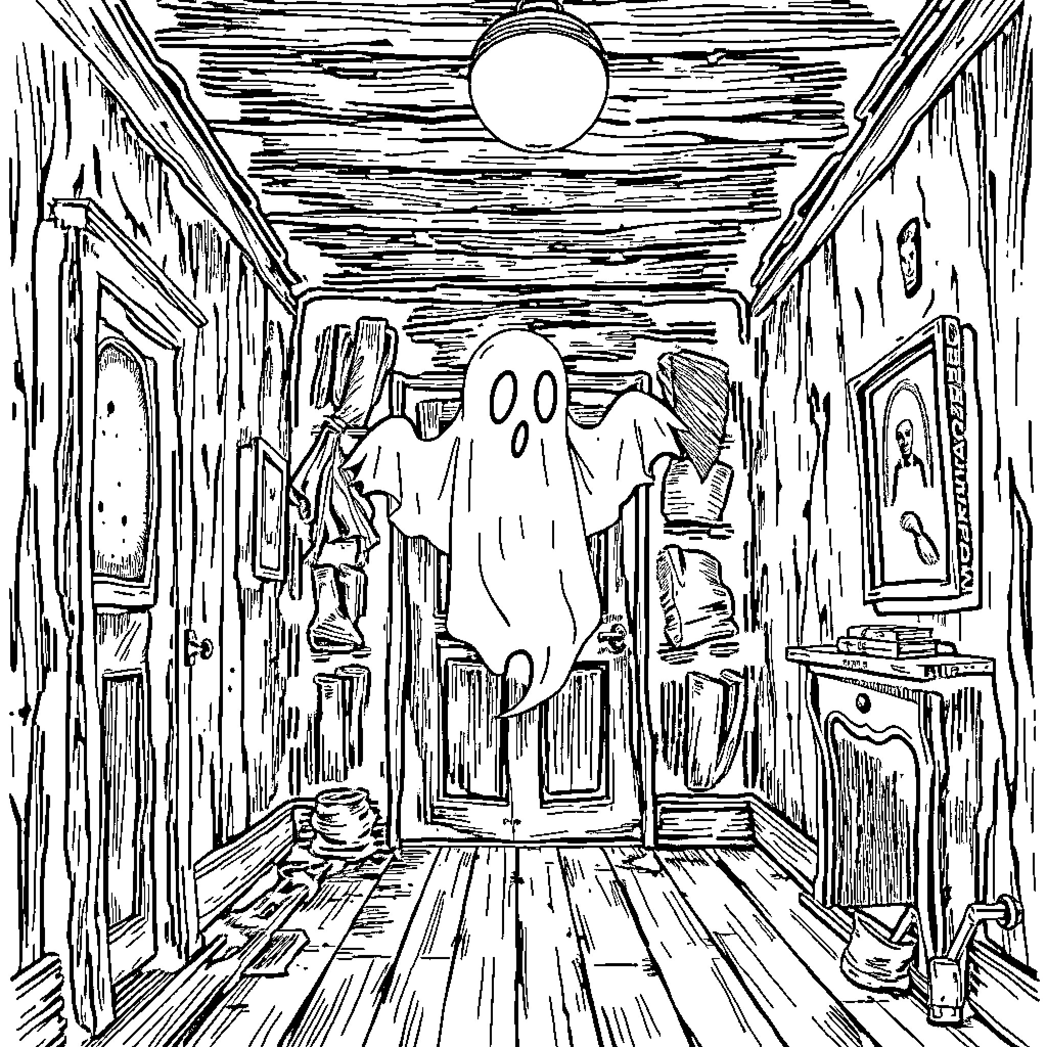 Ghost wandering a spooky abandoned hallway Coloring Page (free black-and-white line drawing printable PDF for all, from beginners to advanced learners, including children, teens, adults, and seniors)