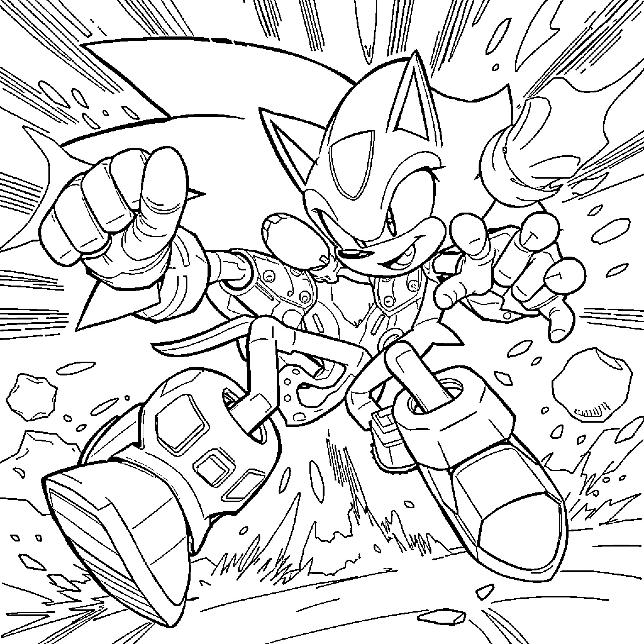 Robot Hedgehog Character Engaged in Action Coloring Page (free black-and-white line drawing printable PDF for all, from beginners to advanced learners, including children, teens, adults, and seniors)