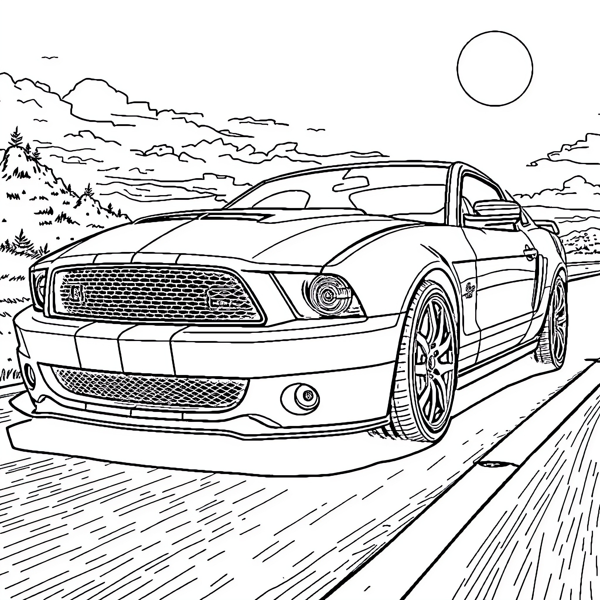 Mustang sports car speeding on a winding mountain road Coloring Page (free black-and-white line drawing printable PDF for all, from beginners to advanced learners, including children, teens, adults, and seniors)