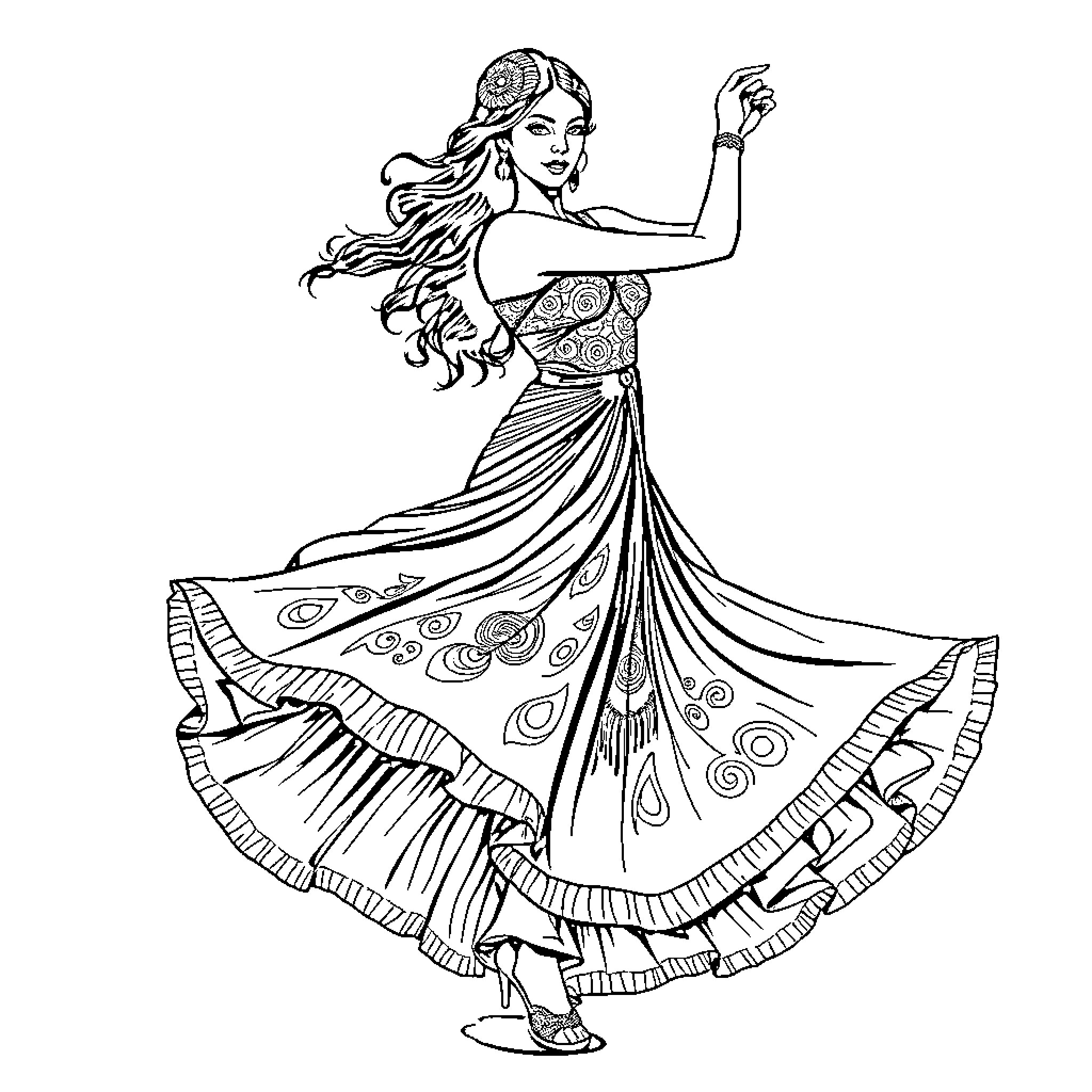 Latina woman dancing in ornate dress Coloring Page (free black-and-white line drawing printable PDF for all, from beginners to advanced learners, including children, teens, adults, and seniors)