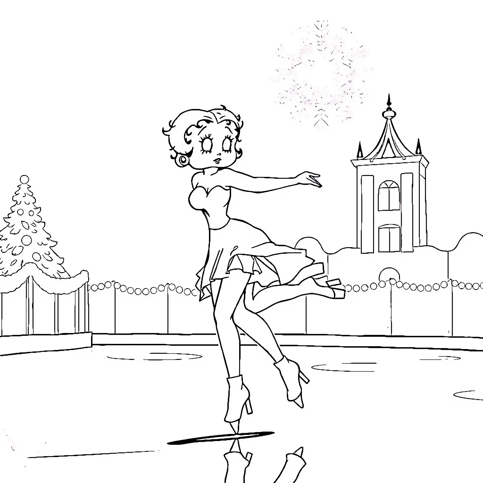 Betty Boop dancing gracefully on ice rink Coloring Page (free black-and-white line drawing printable PDF for all, from beginners to advanced learners, including children, teens, adults, and seniors)