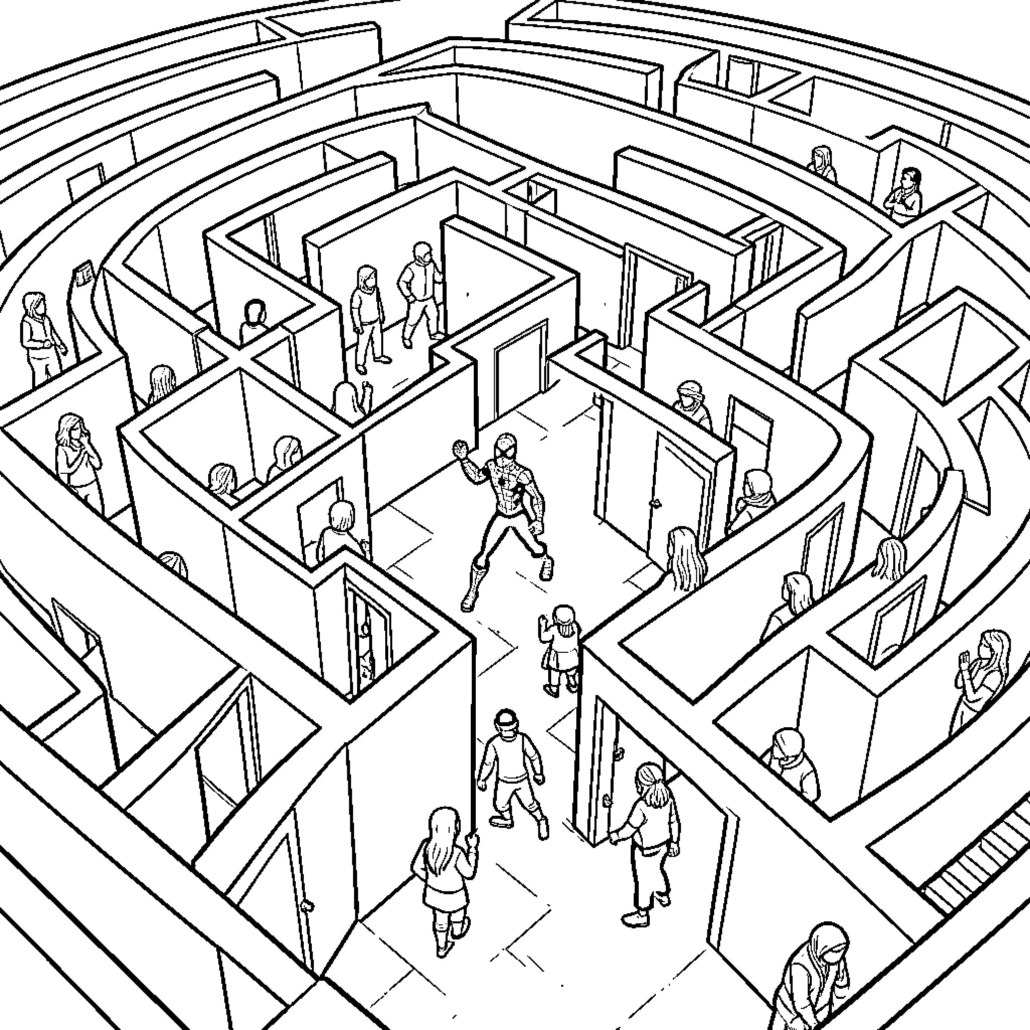 Miles Morales navigating through a complex character maze Coloring Page (free black-and-white line drawing printable PDF for all, from beginners to advanced learners, including children, teens, adults, and seniors)