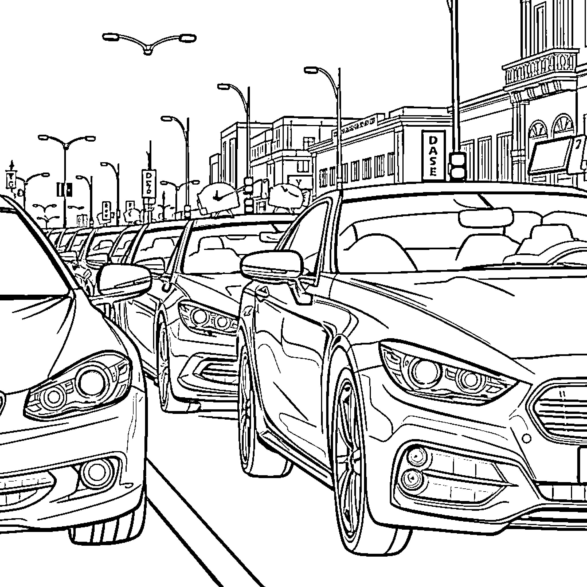 Cars on a busy urban street Coloring Page (free black-and-white line drawing printable PDF for all, from beginners to advanced learners, including children, teens, adults, and seniors)