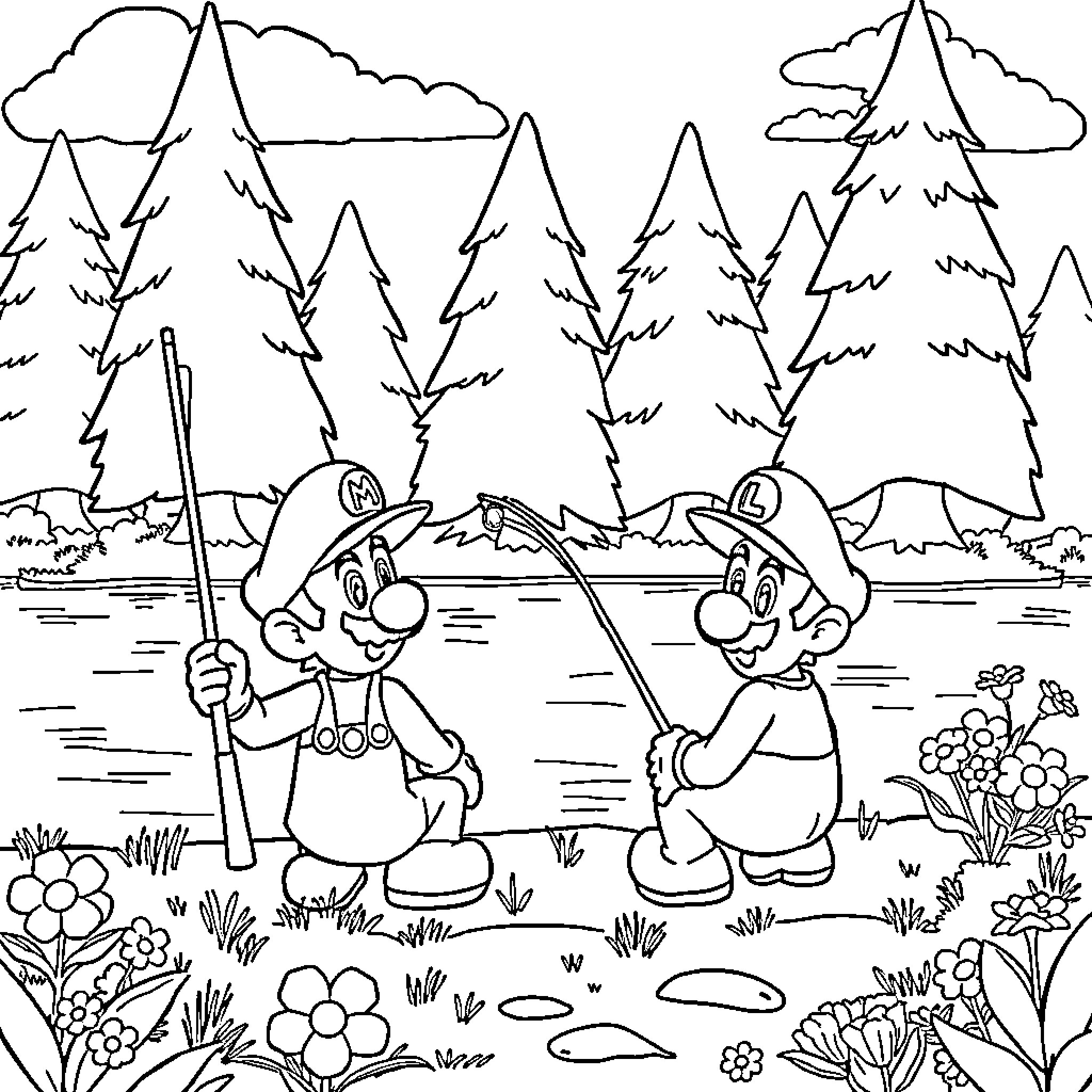 Mario and Luigi exploring the forest Coloring Page (free black-and-white line drawing printable PDF for all, from beginners to advanced learners, including children, teens, adults, and seniors)