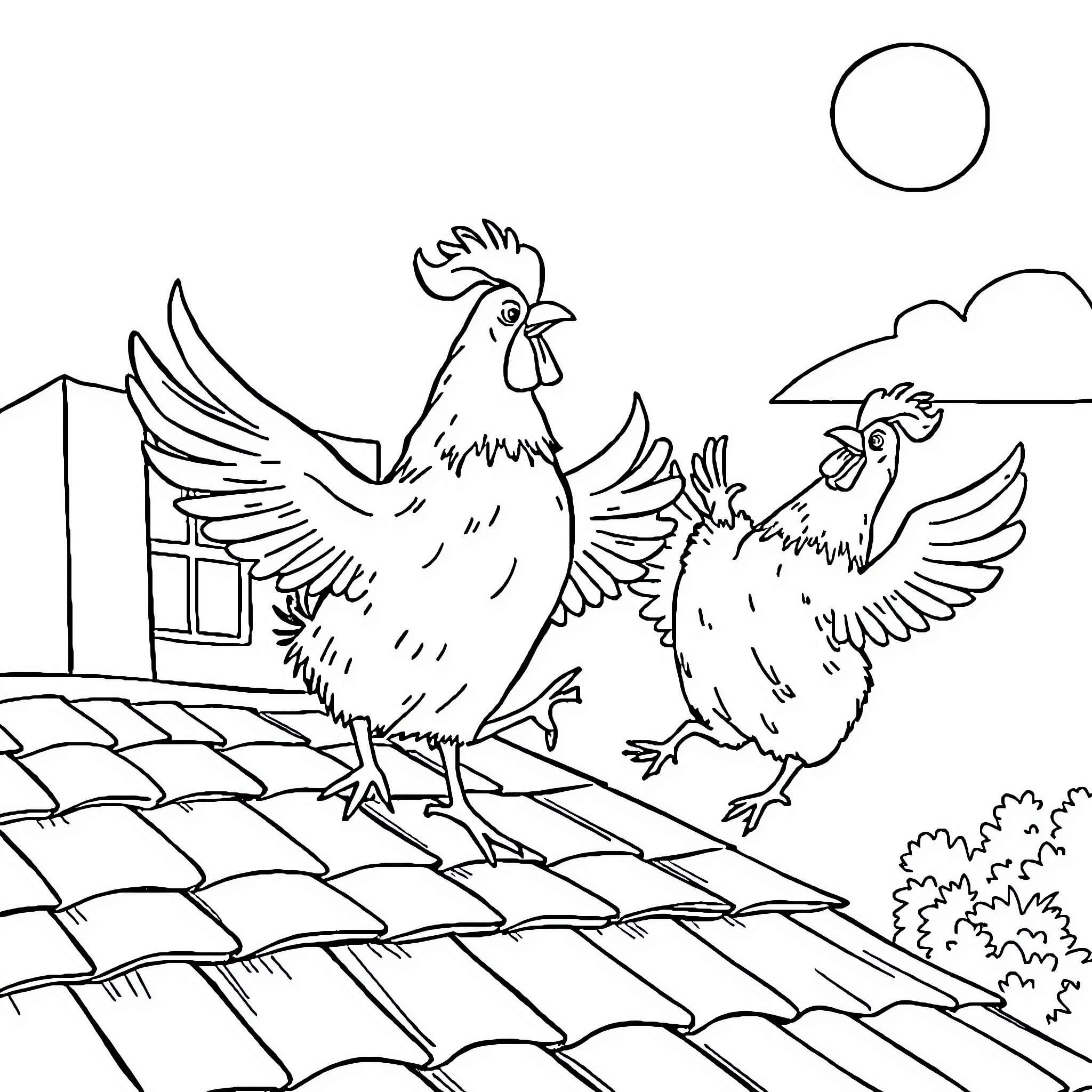 Chickens on a Rooftop Coloring Page (free black-and-white line drawing printable PDF for all, from beginners to advanced learners, including children, teens, adults, and seniors)