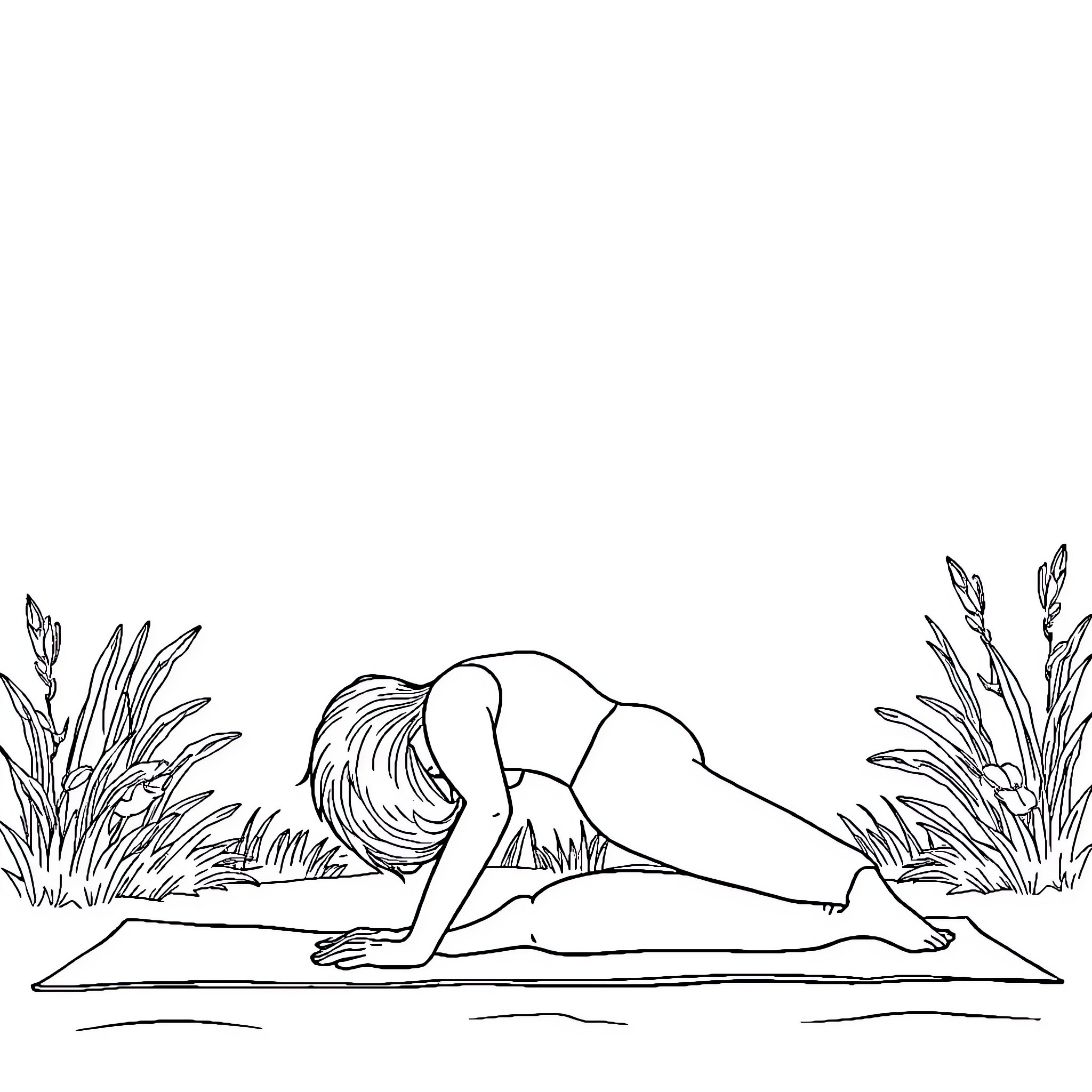 Girl relaxing on yoga mat surrounded by nature Coloring Page (free black-and-white line drawing printable PDF for all, from beginners to advanced learners, including children, teens, adults, and seniors)