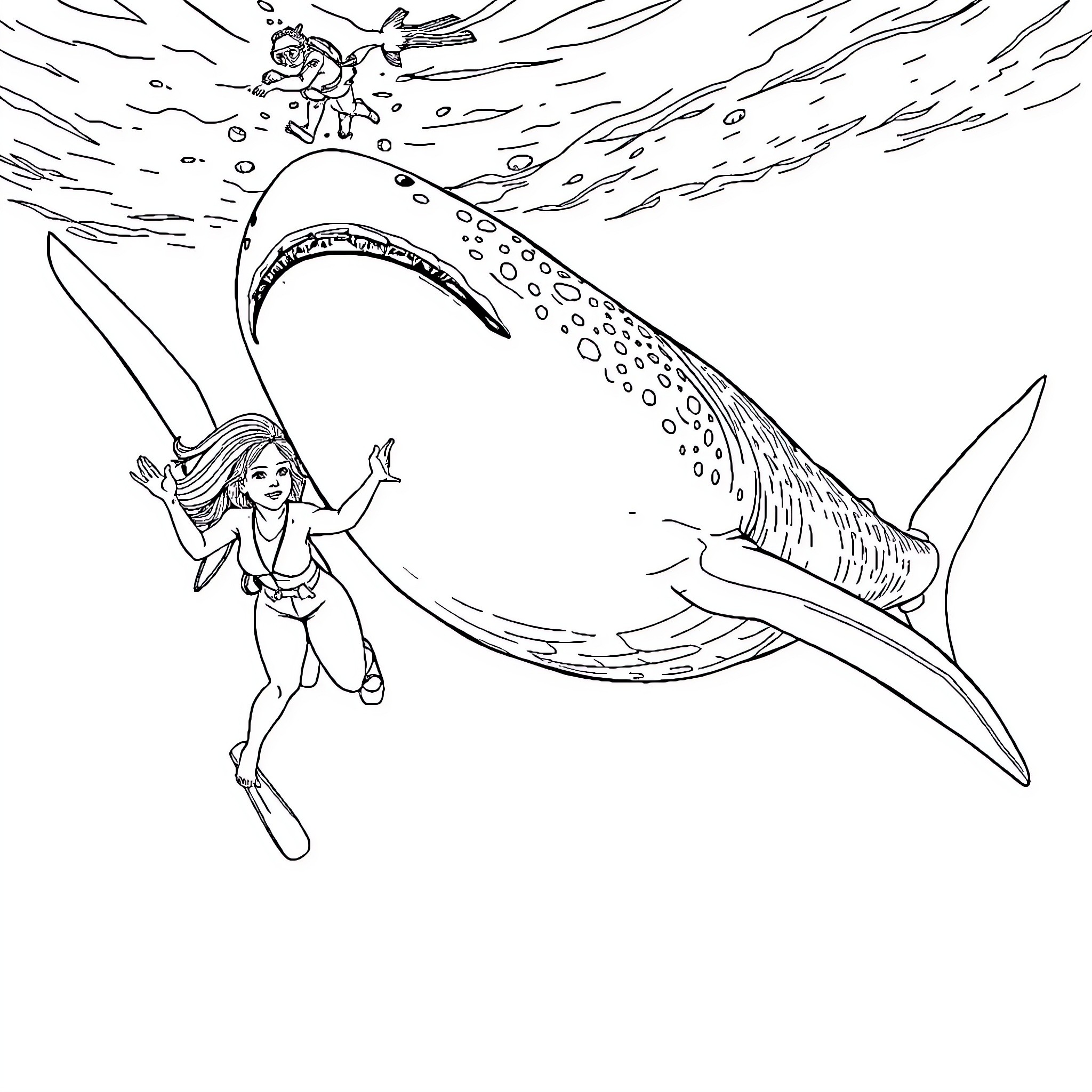 Diver swimming with a whale shark in the ocean Coloring Page (free black-and-white line drawing printable PDF for all, from beginners to advanced learners, including children, teens, adults, and seniors)