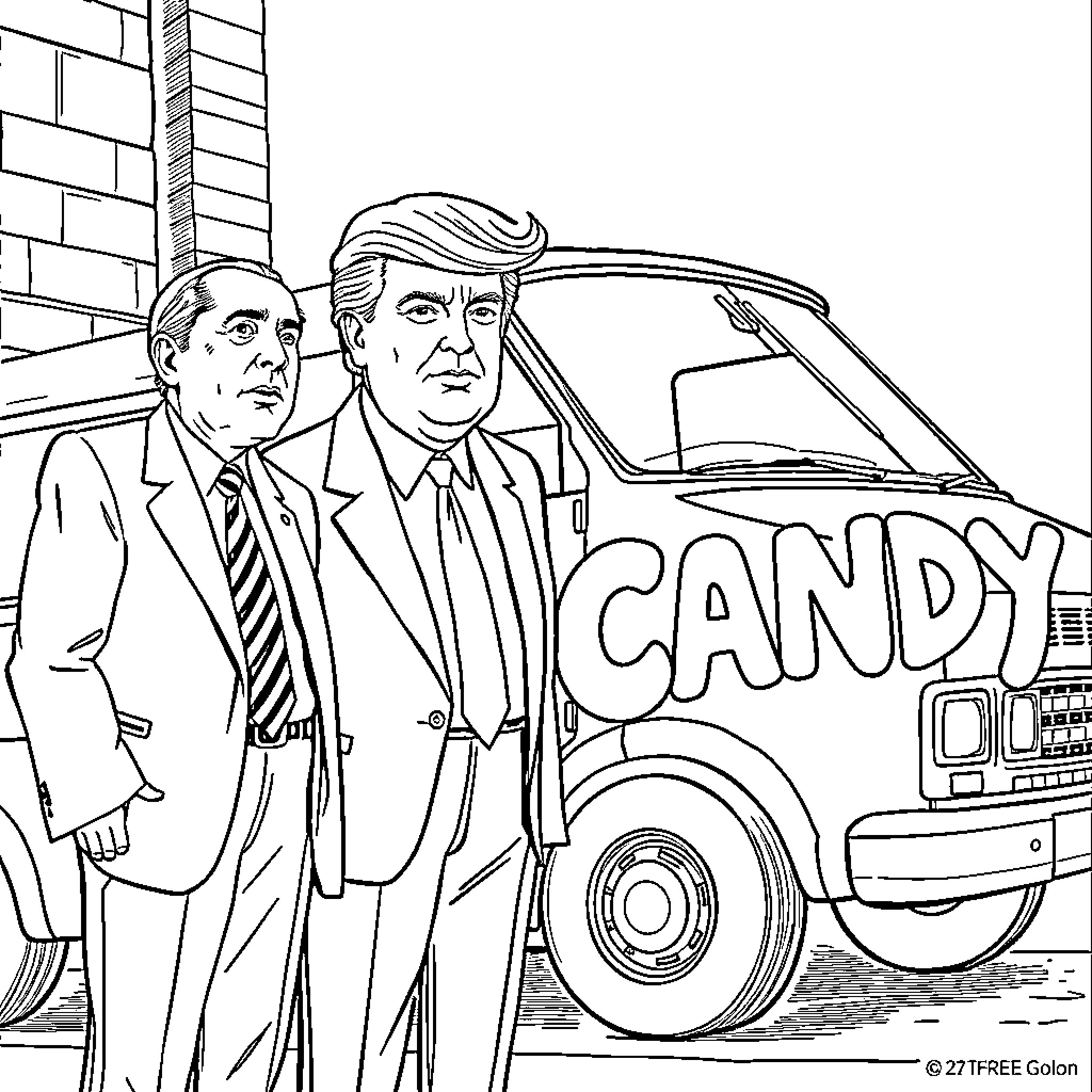 Donald Trump and a companion standing next to a Candy van Coloring Page (free black-and-white line drawing printable PDF for all, from beginners to advanced learners, including children, teens, adults, and seniors)