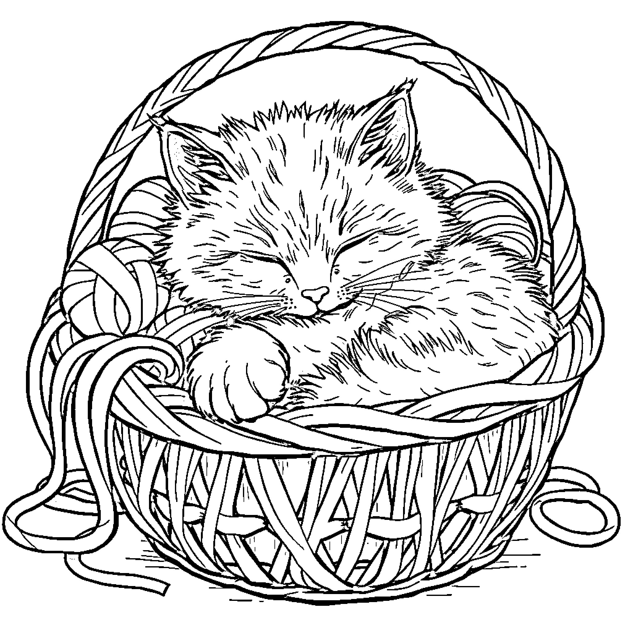 Kitty sleeping peacefully in a wicker basket Coloring Page (free black-and-white line drawing printable PDF for all, from beginners to advanced learners, including children, teens, adults, and seniors)