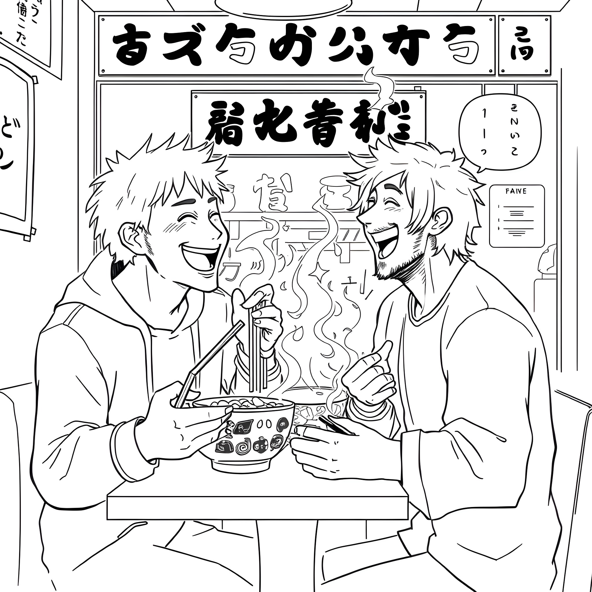 Kenny Omega Enjoying Ramen with a Friend Coloring Page (free black-and-white line drawing printable PDF for all, from beginners to advanced learners, including children, teens, adults, and seniors)