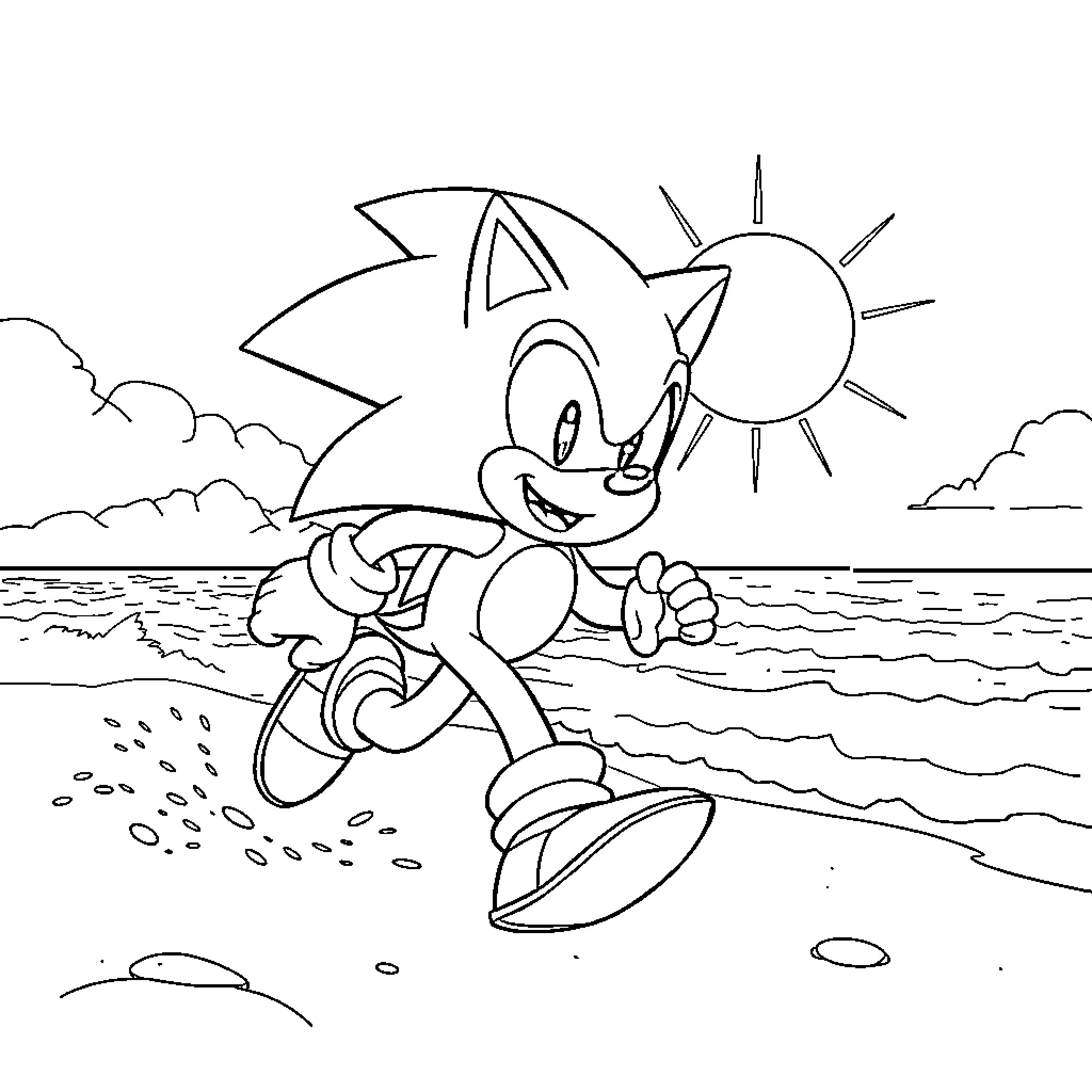 Sonic the Hedgehog running on the beach Coloring Page (free black-and-white line drawing printable PDF for all, from beginners to advanced learners, including children, teens, adults, and seniors)