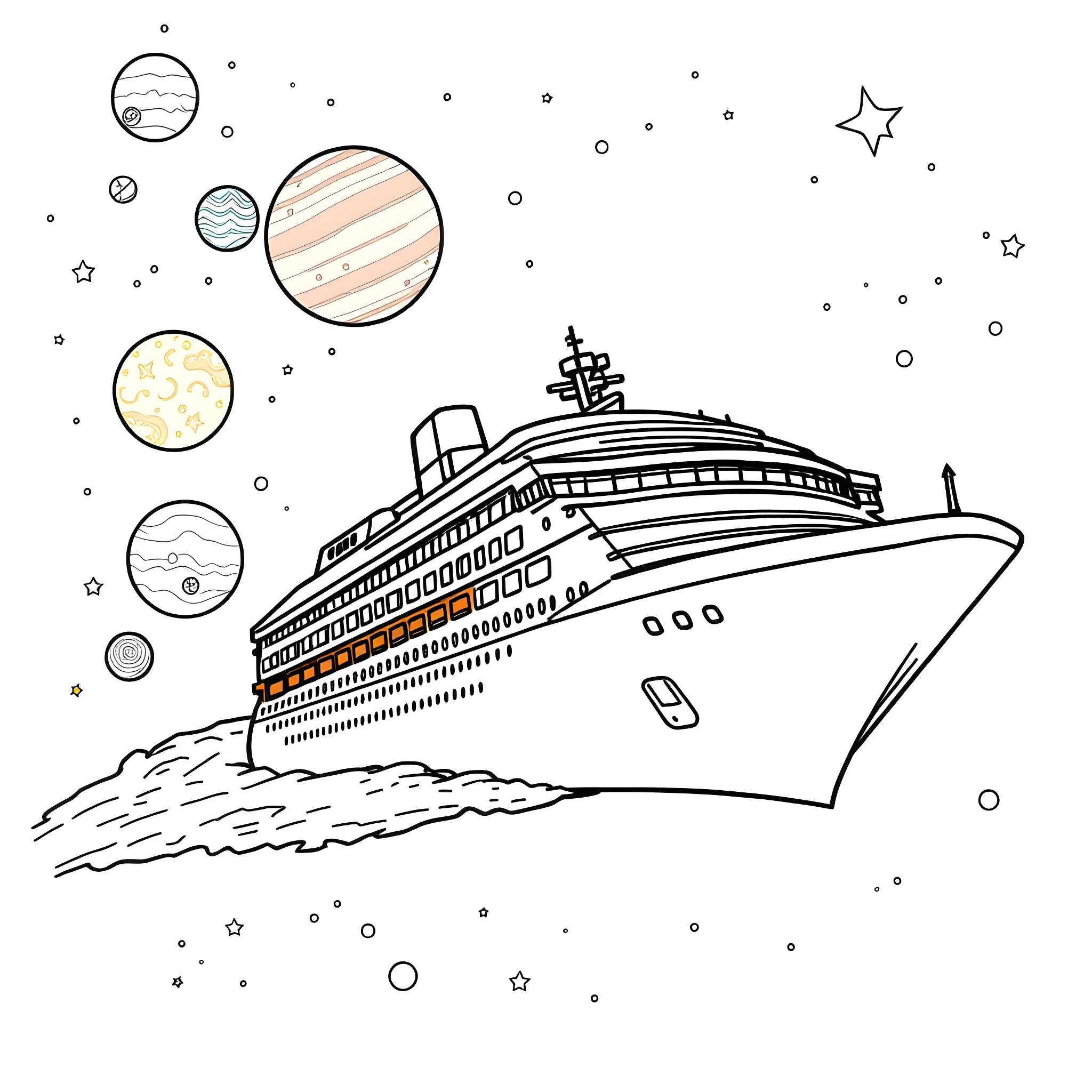 Space Ship Sailing Through Cosmic Landscape Coloring Page (free black-and-white line drawing printable PDF for all, from beginners to advanced learners, including children, teens, adults, and seniors)