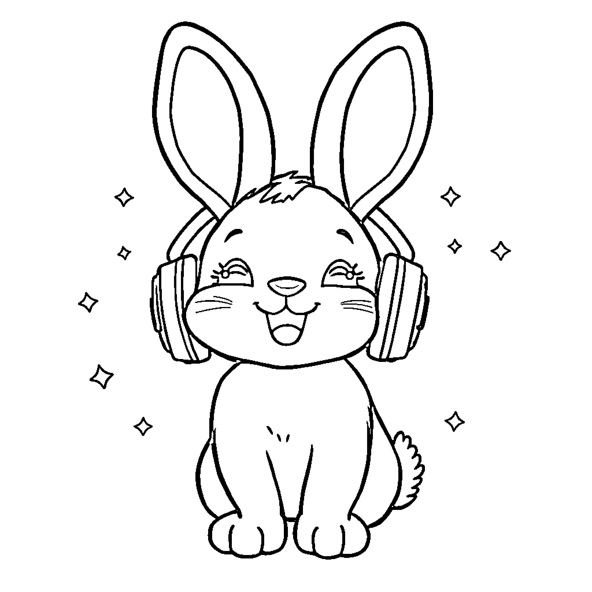 Bunny listening to music with headphones Coloring Page (free black-and-white line drawing printable PDF for all, from beginners to advanced learners, including children, teens, adults, and seniors)