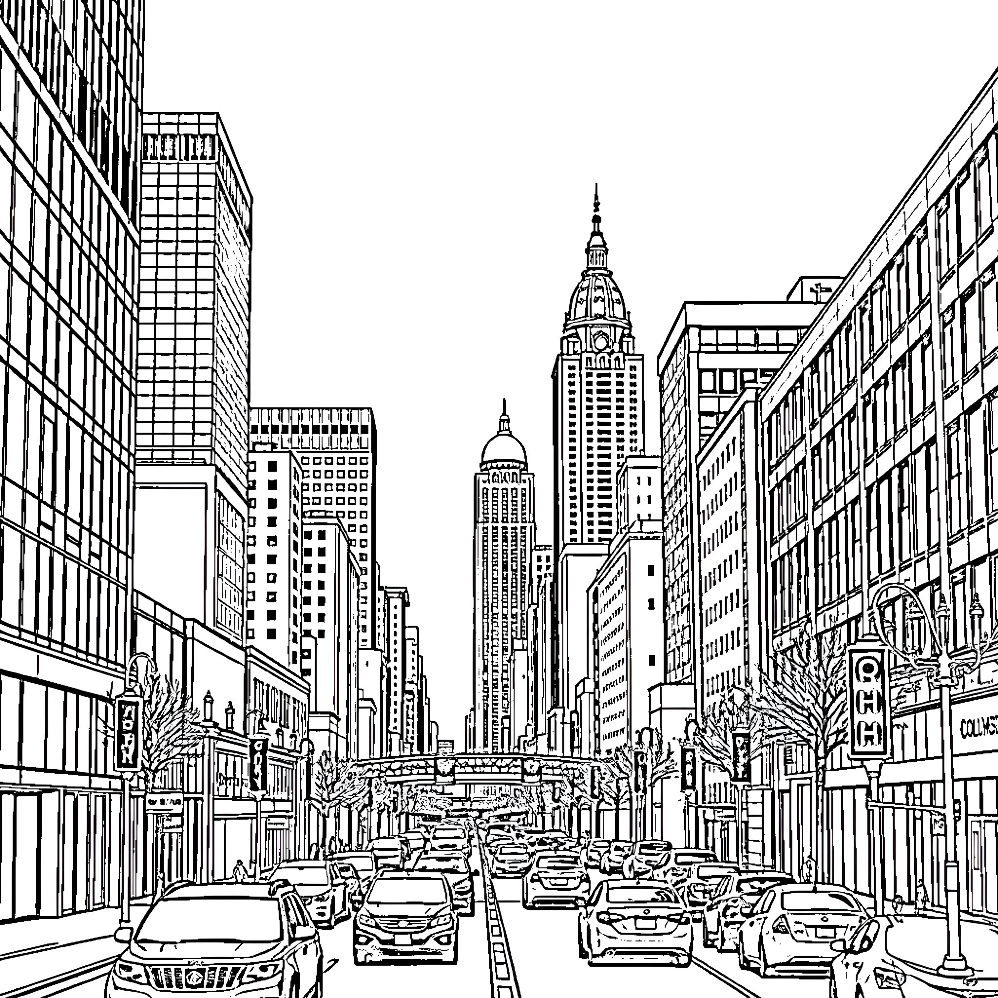 Columbus Cityscape with Iconic Buildings and Traffic Coloring Page (free black-and-white line drawing printable PDF for all, from beginners to advanced learners, including children, teens, adults, and seniors)