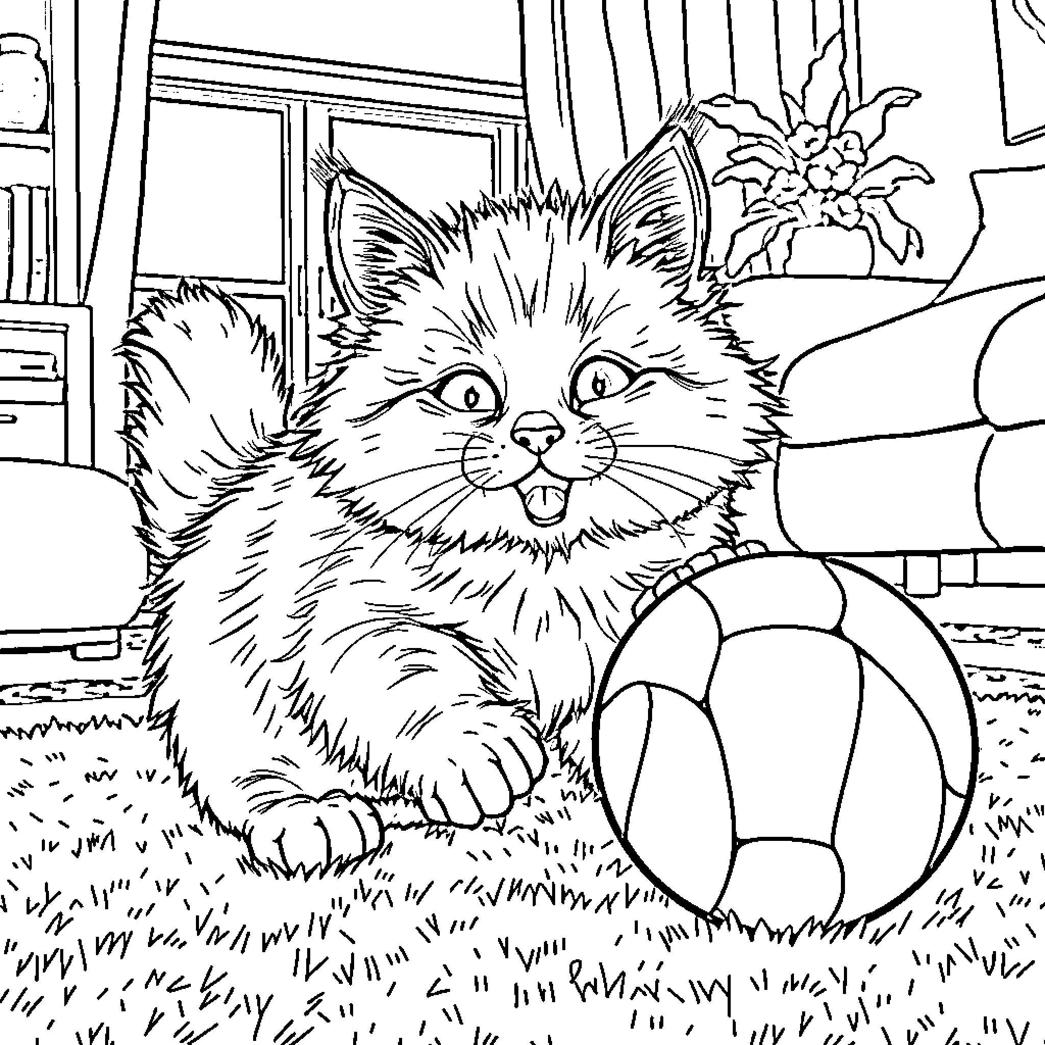 Cat playing with ball in cozy indoor scene Coloring Page (free black-and-white line drawing printable PDF for all, from beginners to advanced learners, including children, teens, adults, and seniors)