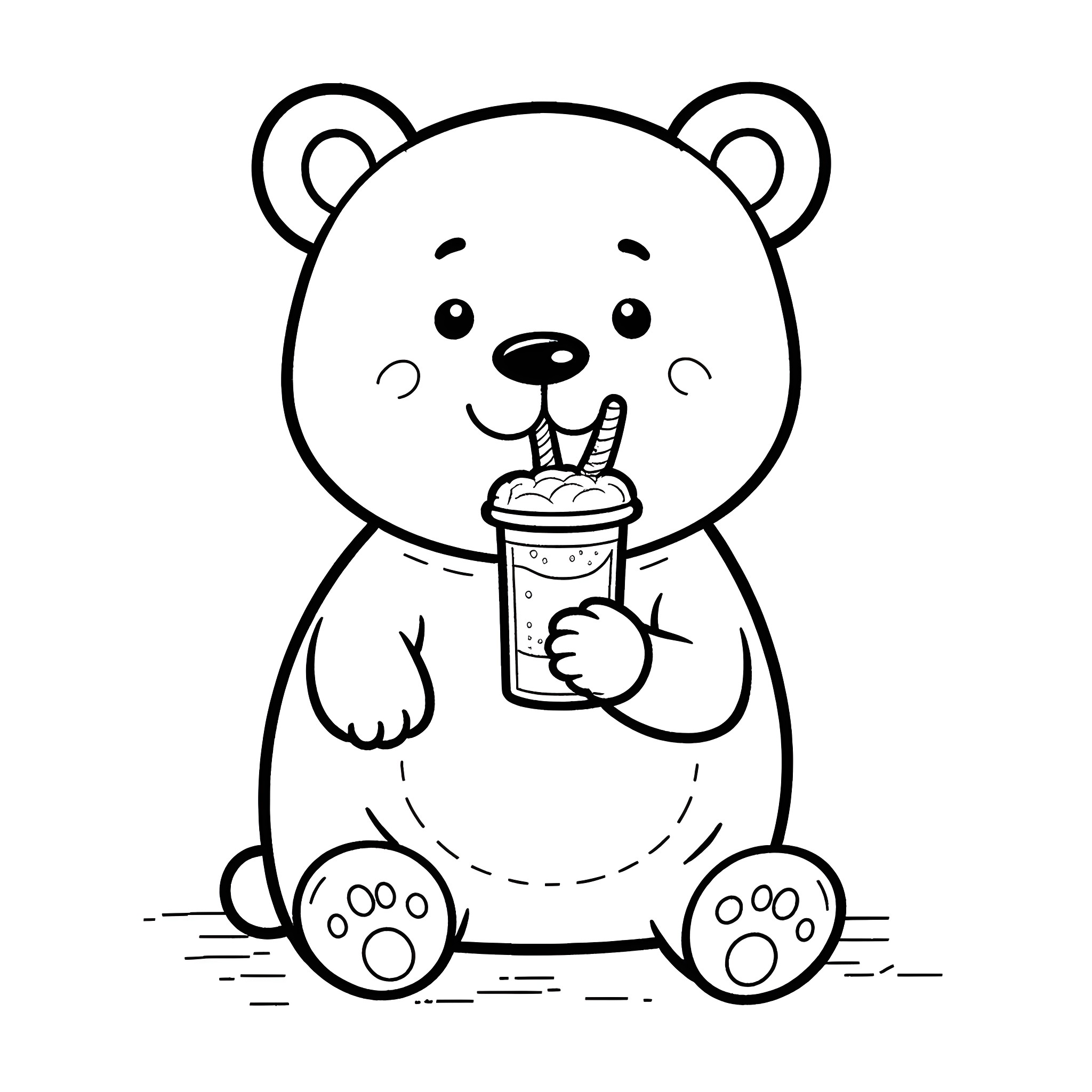 Bear enjoying a sweet drink Coloring Page (free black-and-white line drawing printable PDF for all, from beginners to advanced learners, including children, teens, adults, and seniors)