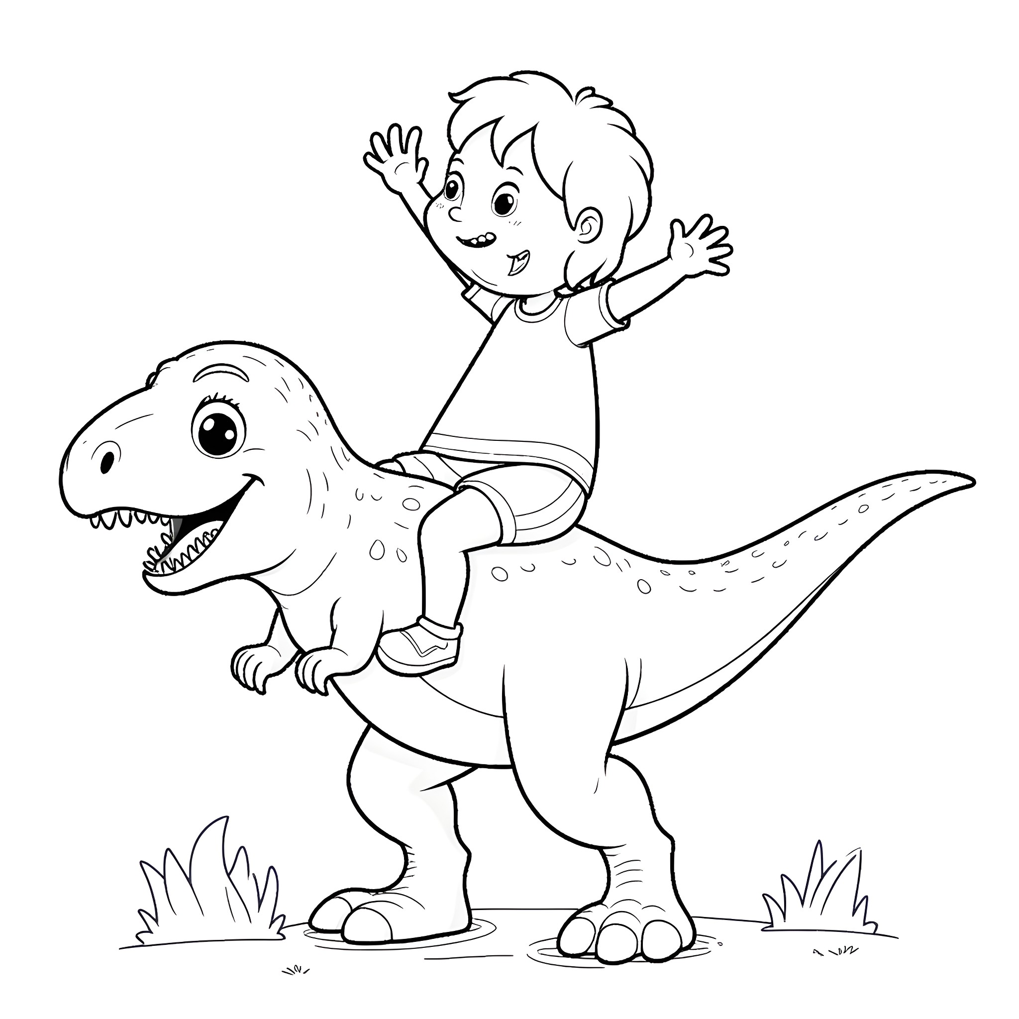 Dinosaur boy riding a friendly dinosaur Coloring Page (free black-and-white line drawing printable PDF for all, from beginners to advanced learners, including children, teens, adults, and seniors)