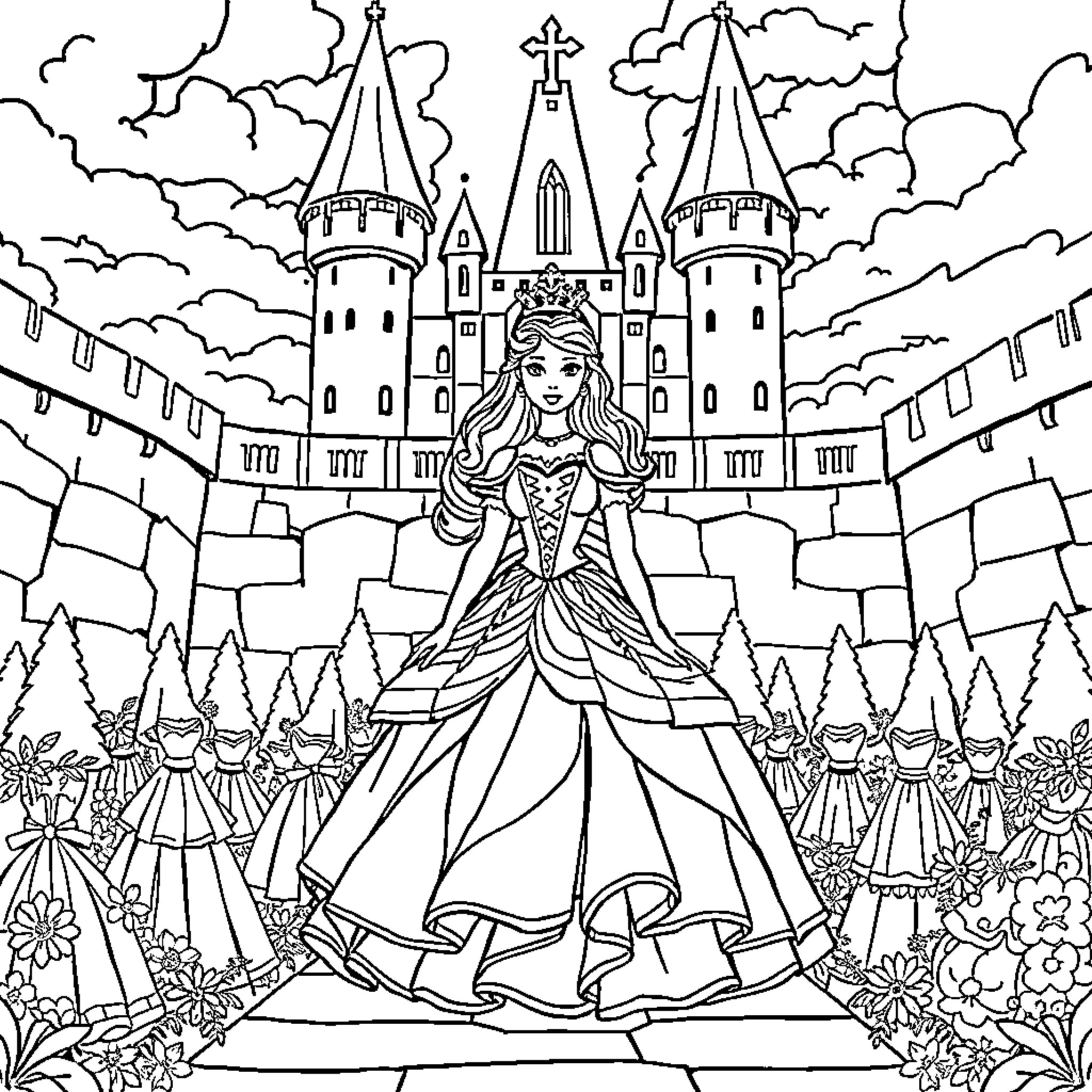 Princess in Elegant Gown Surrounded by Enchanting Castle Coloring Page (free black-and-white line drawing printable PDF for all, from beginners to advanced learners, including children, teens, adults, and seniors)