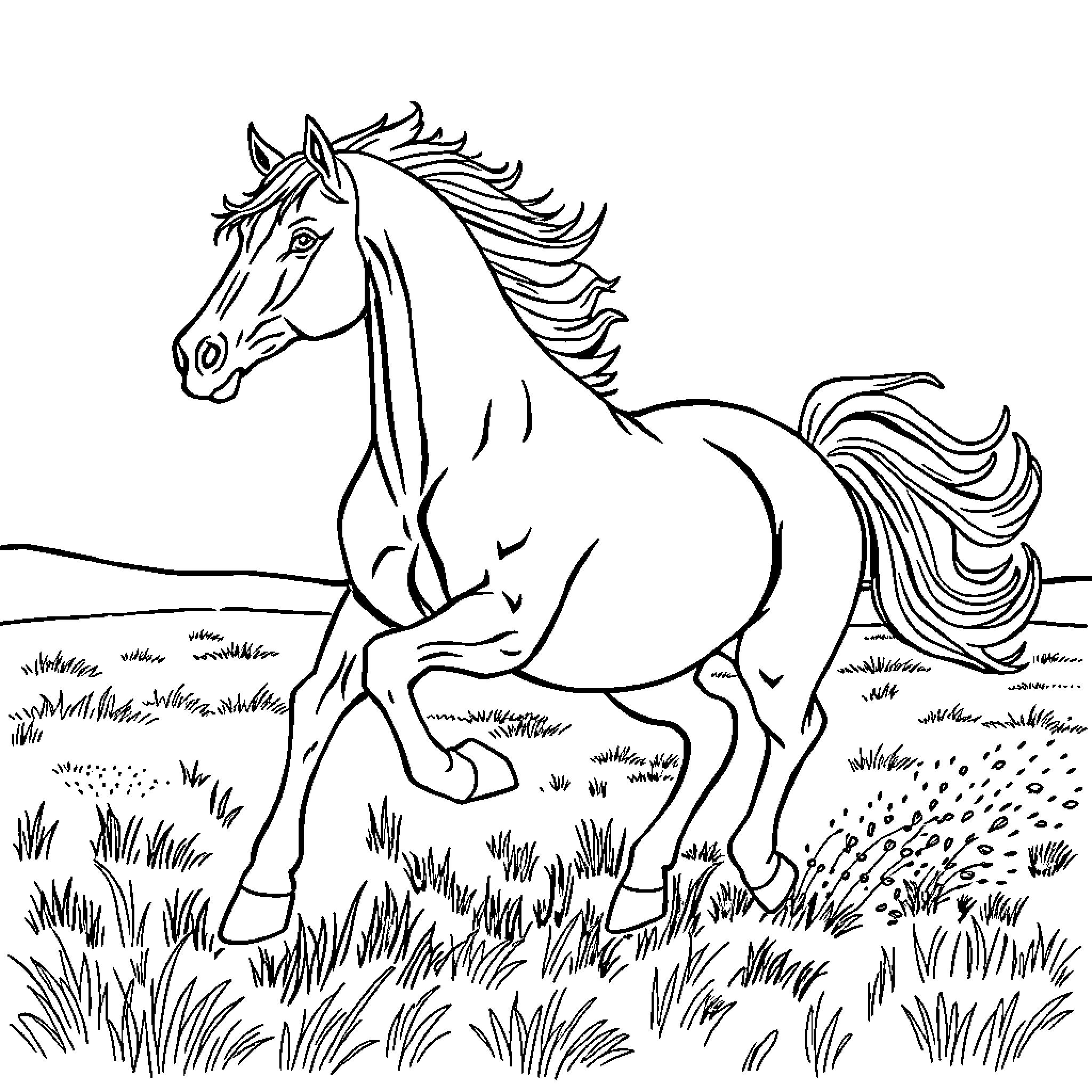 Horse galloping through a grassy field Coloring Page (free black-and-white line drawing printable PDF for all, from beginners to advanced learners, including children, teens, adults, and seniors)