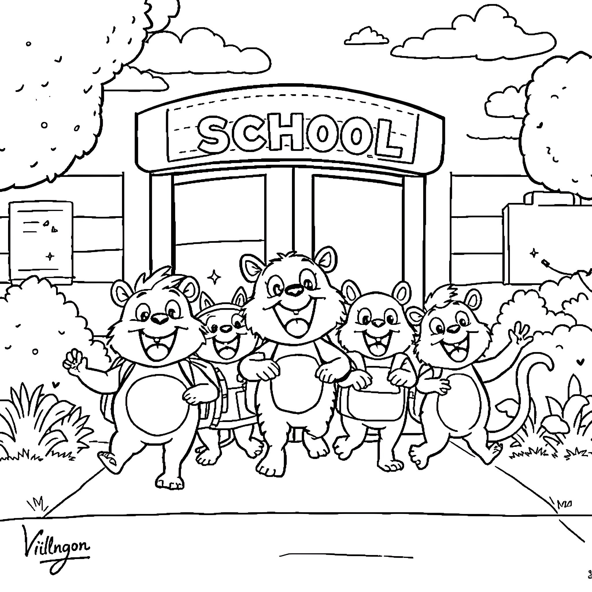 Creatures Happily Entering School Together Coloring Page (free black-and-white line drawing printable PDF for all, from beginners to advanced learners, including children, teens, adults, and seniors)
