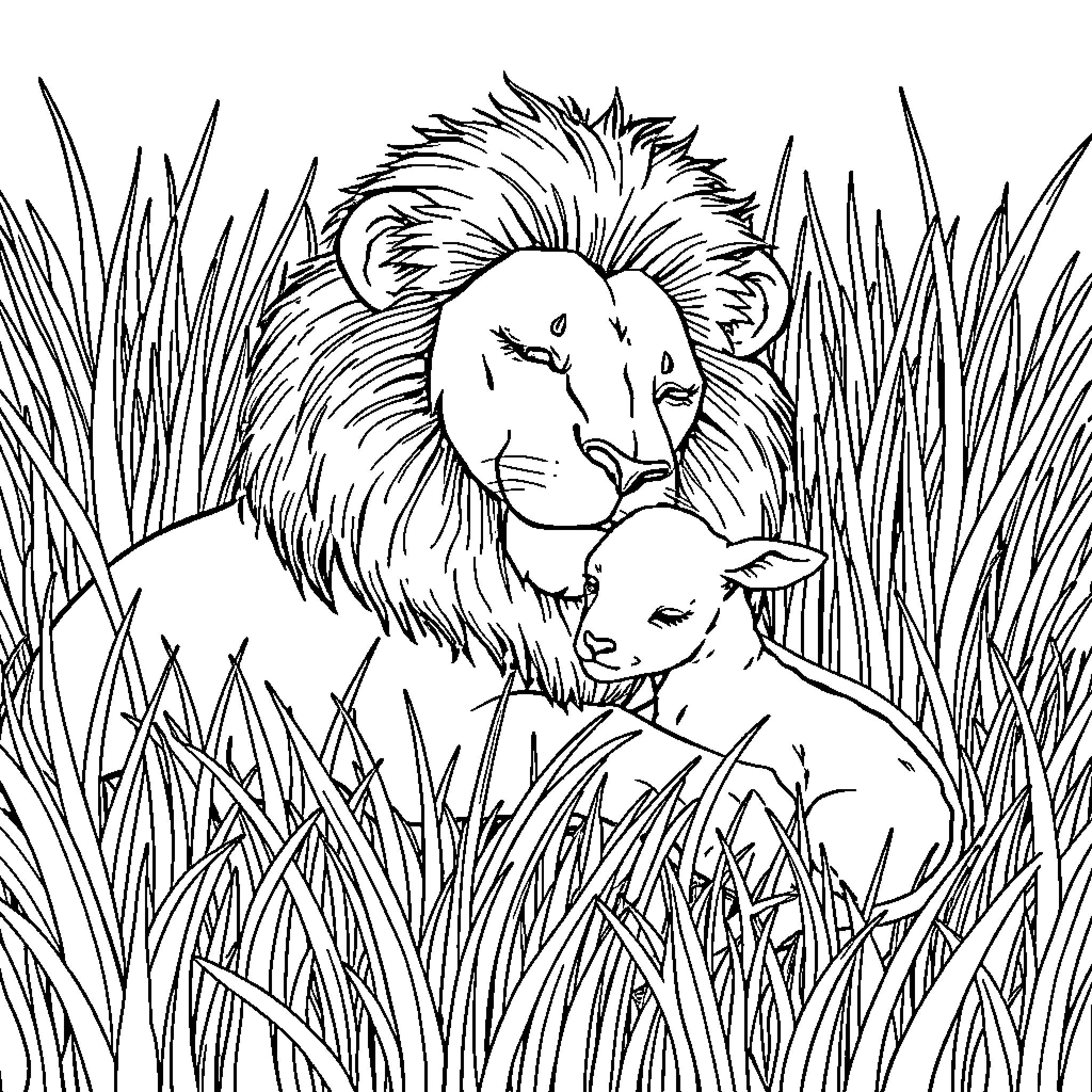 Lion and cub in grassy field Coloring Page (free black-and-white line drawing printable PDF for all, from beginners to advanced learners, including children, teens, adults, and seniors)