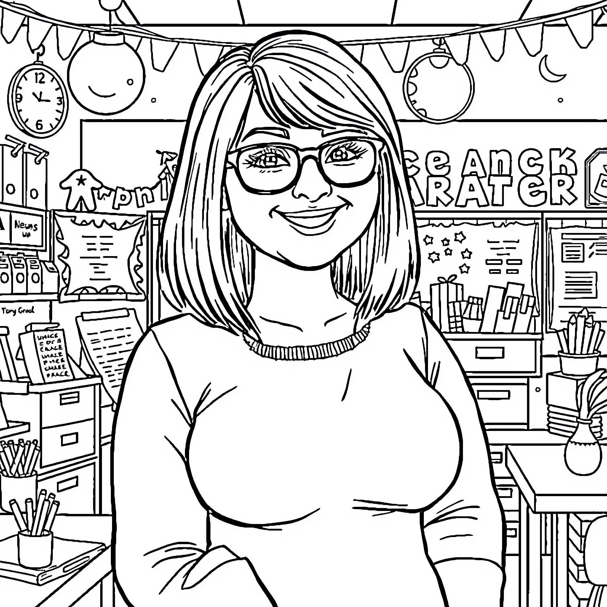 Teacher surrounded by classroom supplies and decor Coloring Page (free black-and-white line drawing printable PDF for all, from beginners to advanced learners, including children, teens, adults, and seniors)