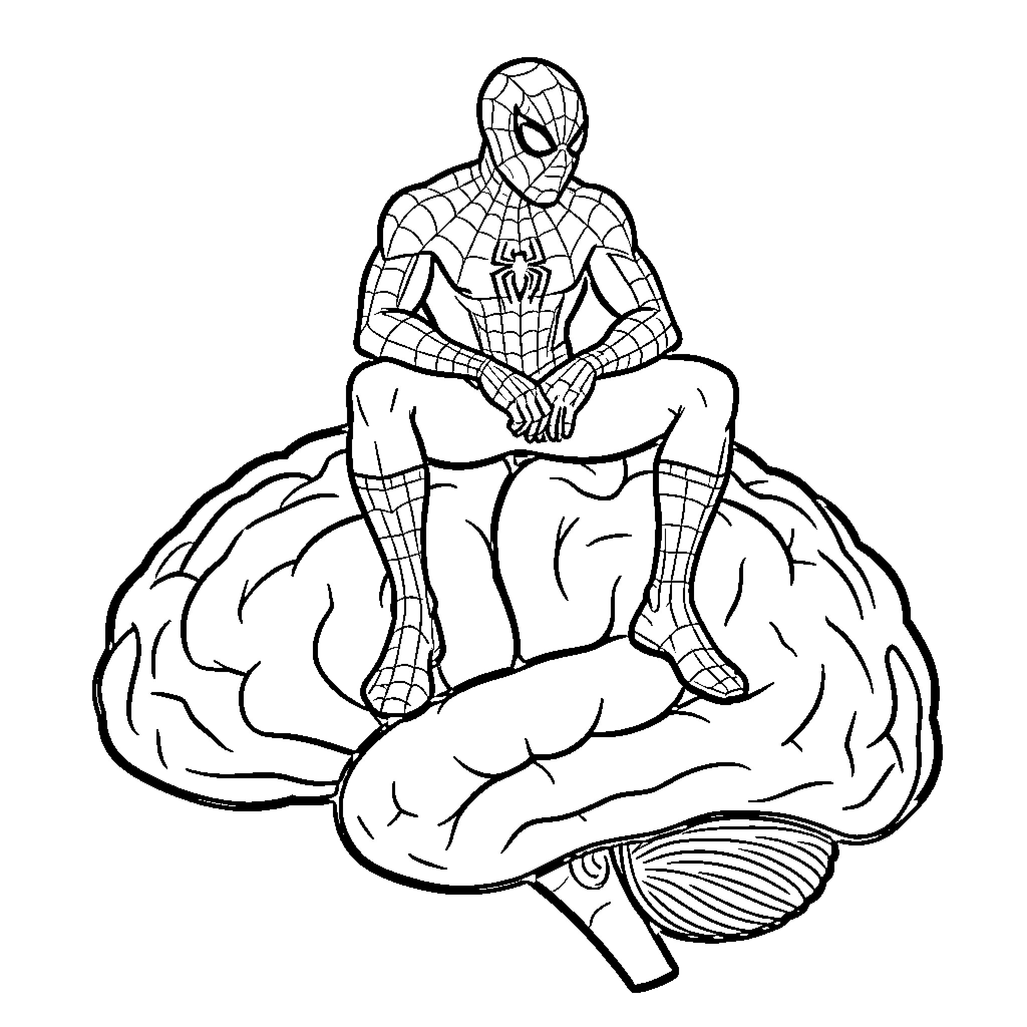 Spiderman sitting thoughtfully atop a large human brain Coloring Page (free black-and-white line drawing printable PDF for all, from beginners to advanced learners, including children, teens, adults, and seniors)