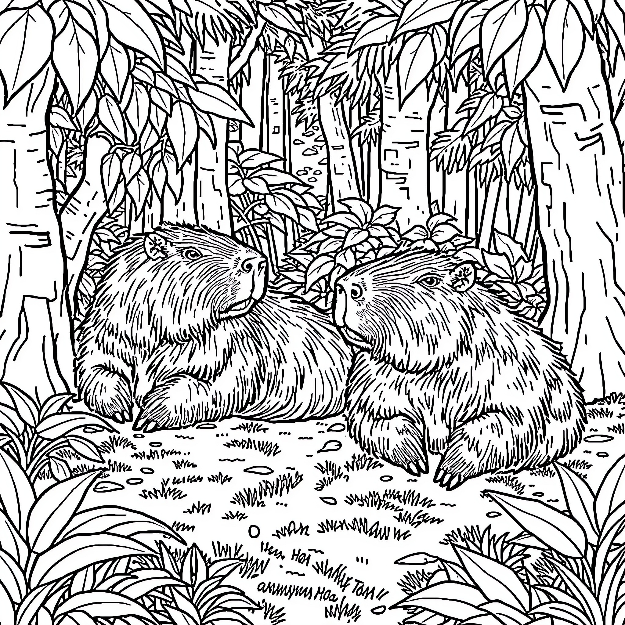 Capybara enjoying a peaceful moment in the jungle Coloring Page (free black-and-white line drawing printable PDF for all, from beginners to advanced learners, including children, teens, adults, and seniors)