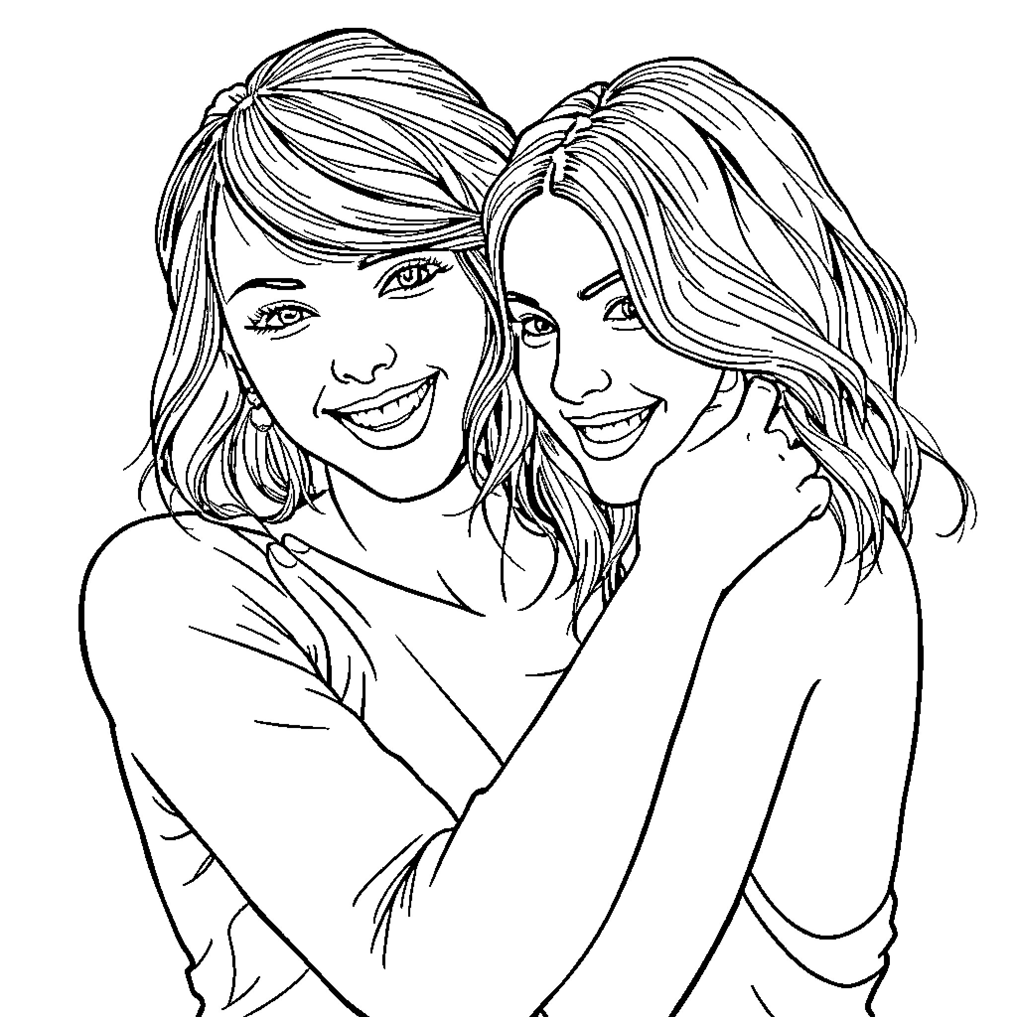 Taylor Swift posing with a friend in a friendly embrace Coloring Page (free black-and-white line drawing printable PDF for all, from beginners to advanced learners, including children, teens, adults, and seniors)