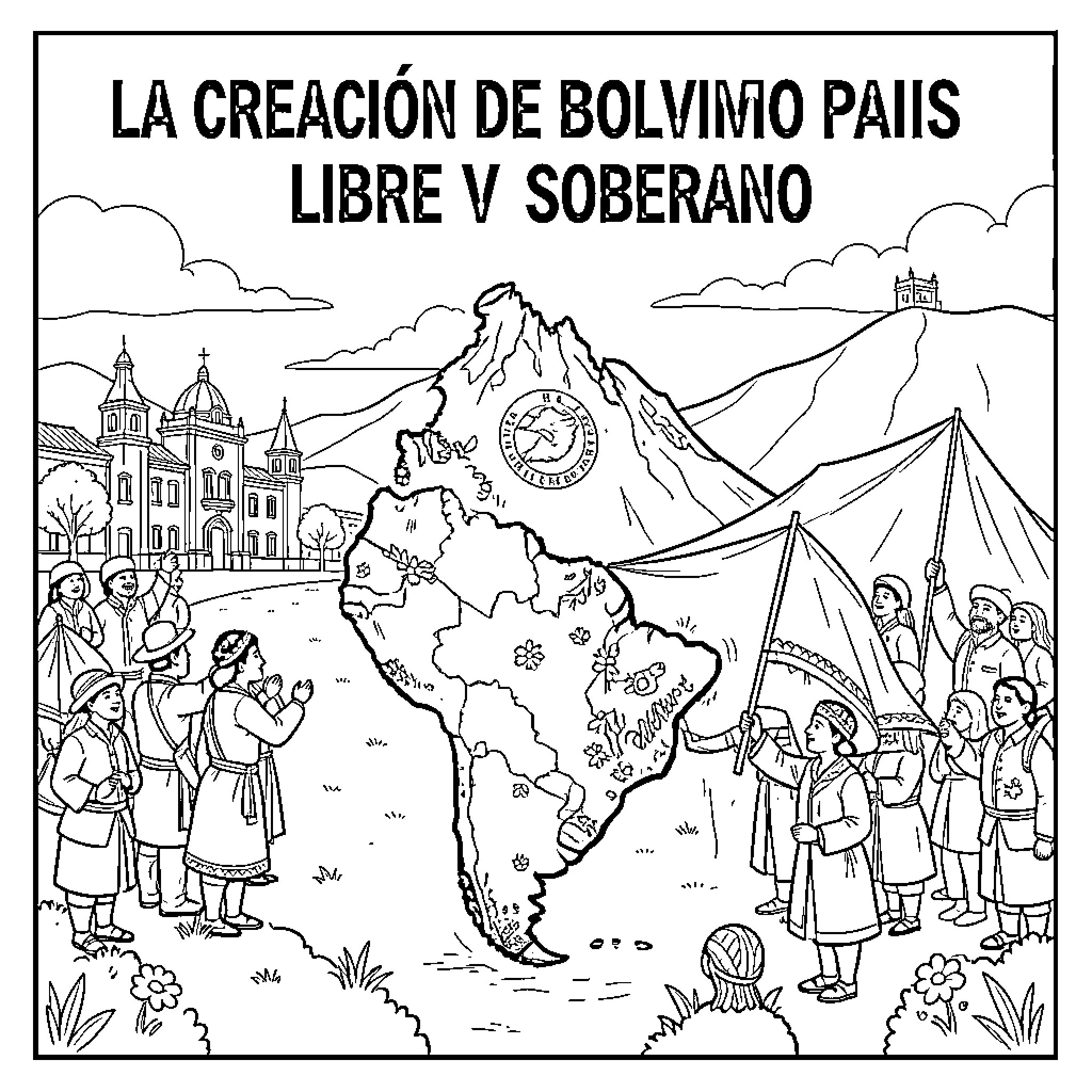 Bolivia celebrates free and sovereign Bolvimo Paiis Coloring Page (free black-and-white line drawing printable PDF for all, from beginners to advanced learners, including children, teens, adults, and seniors)