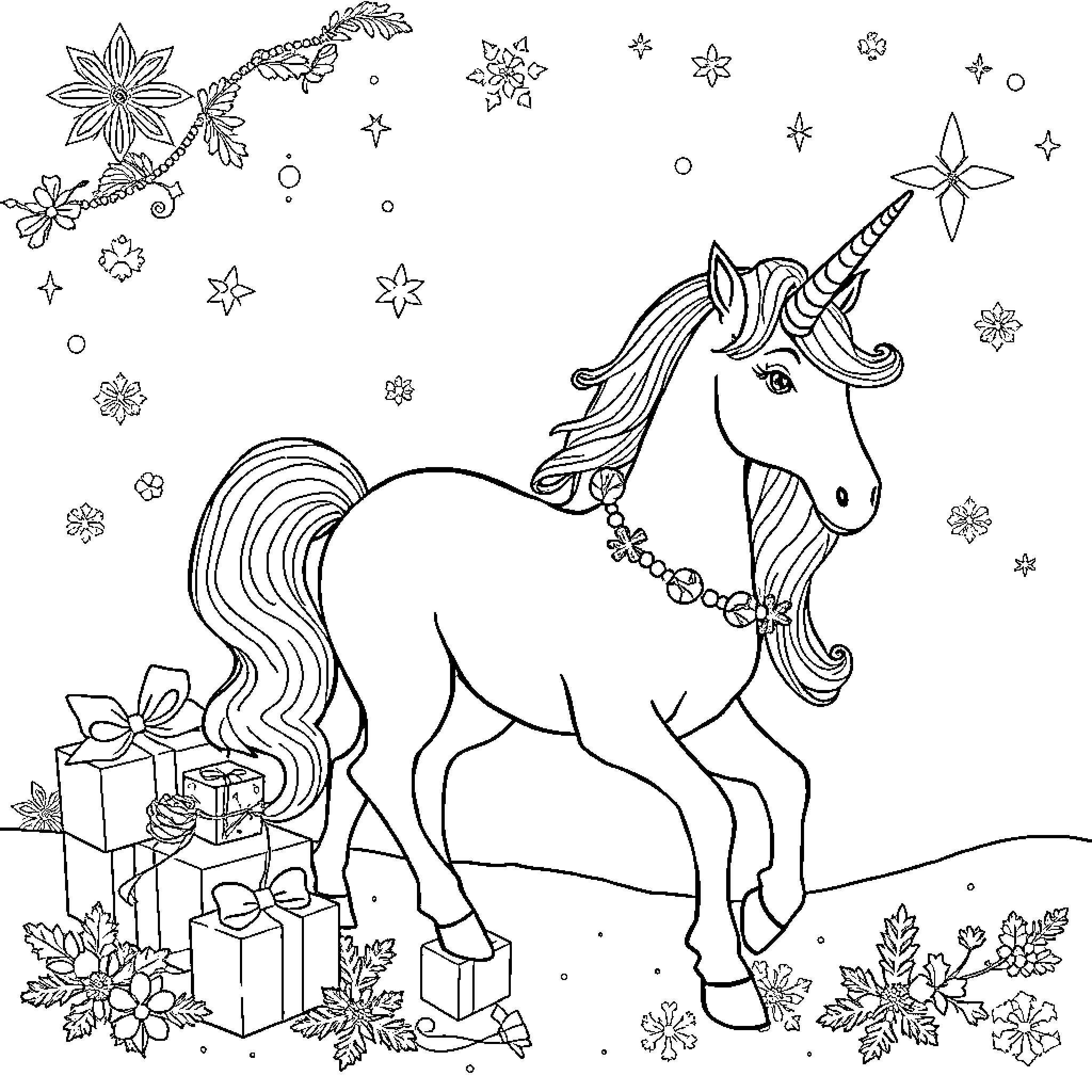 Unicorn Amongst Snowflakes and Presents Coloring Page (free black-and-white line drawing printable PDF for all, from beginners to advanced learners, including children, teens, adults, and seniors)